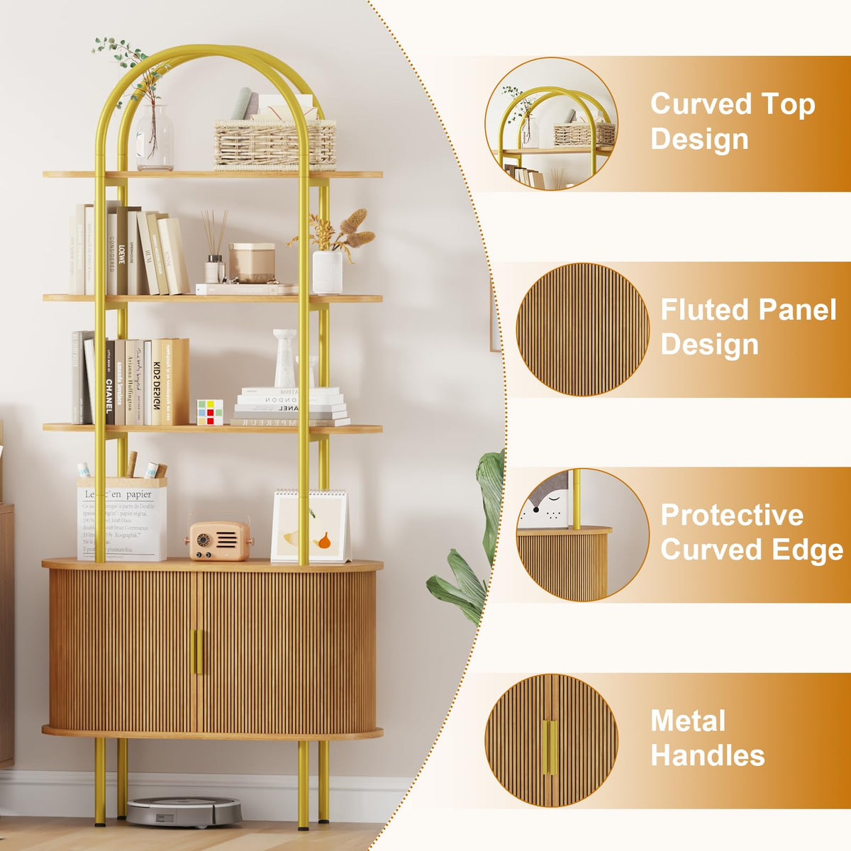 Arched Bookshelf with Tambour Cabinet