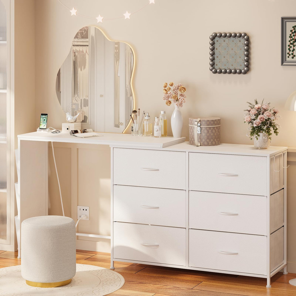 Corner Vanity Desk with 6 Drawers