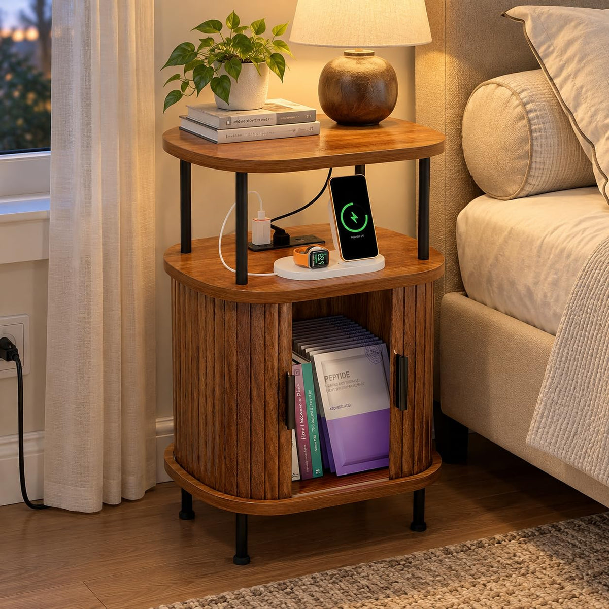 Fluted Nightstands Set of 2, Walnut Bedside Tables with Charging Station