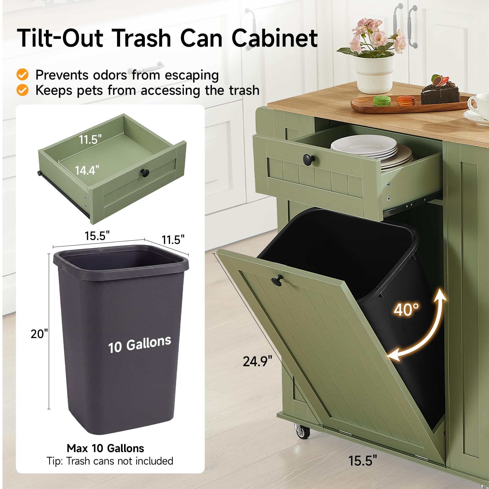 Rolling Kitchen Island with Trash Cabinet & Power Outlet
