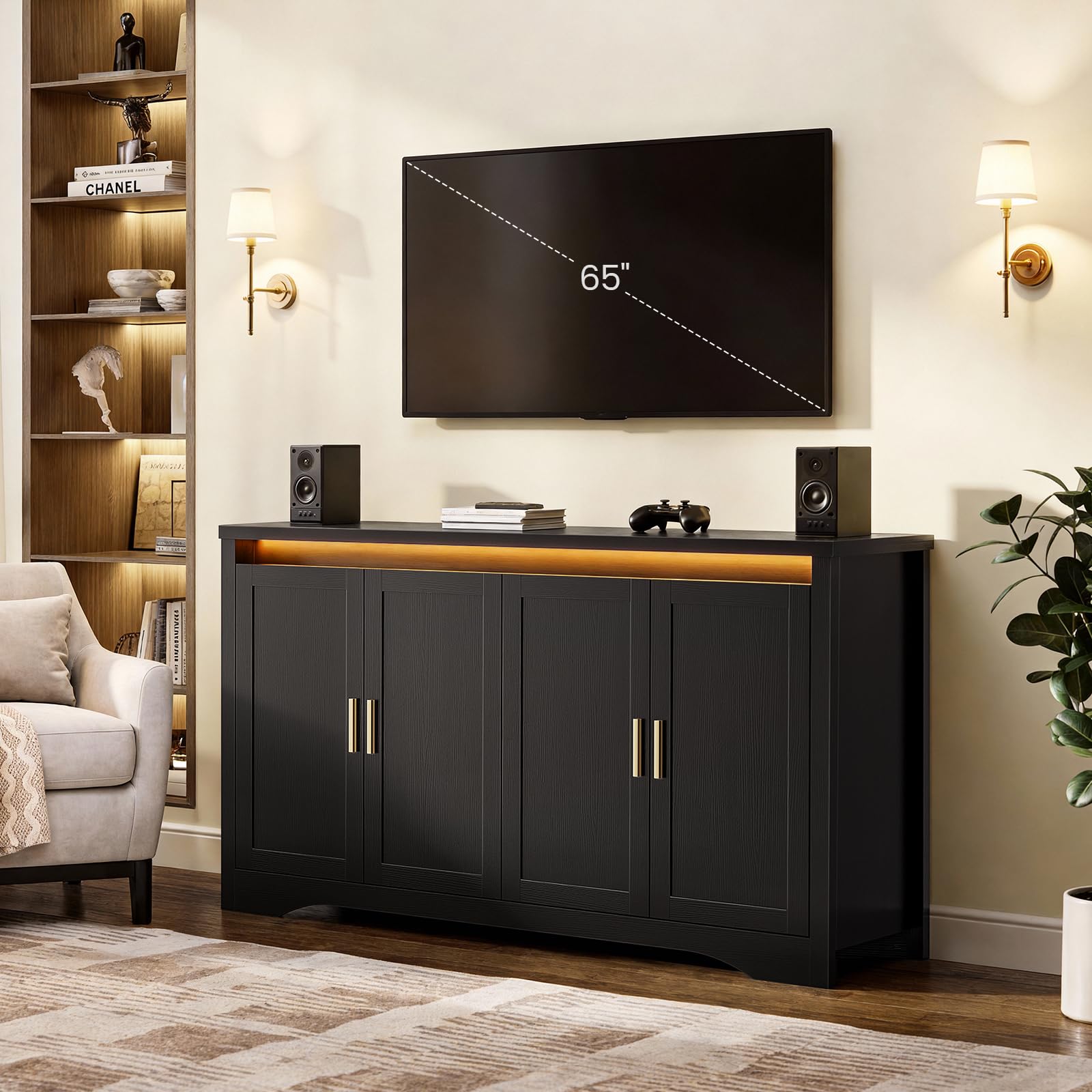 60" Sideboard Buffet Cabinet with LED Light & Power Outlets