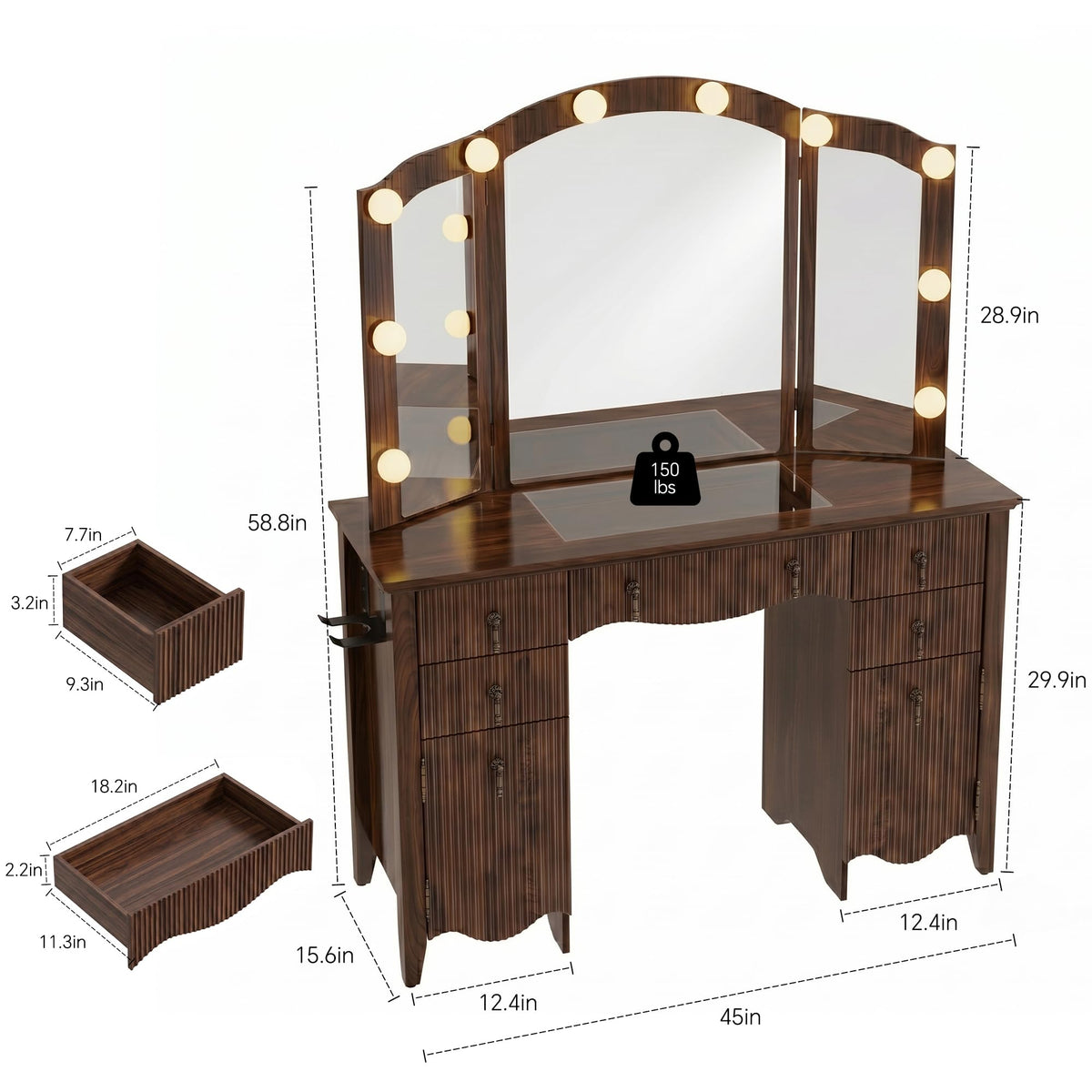Walnut Vanity Desk with Lighted Mirror