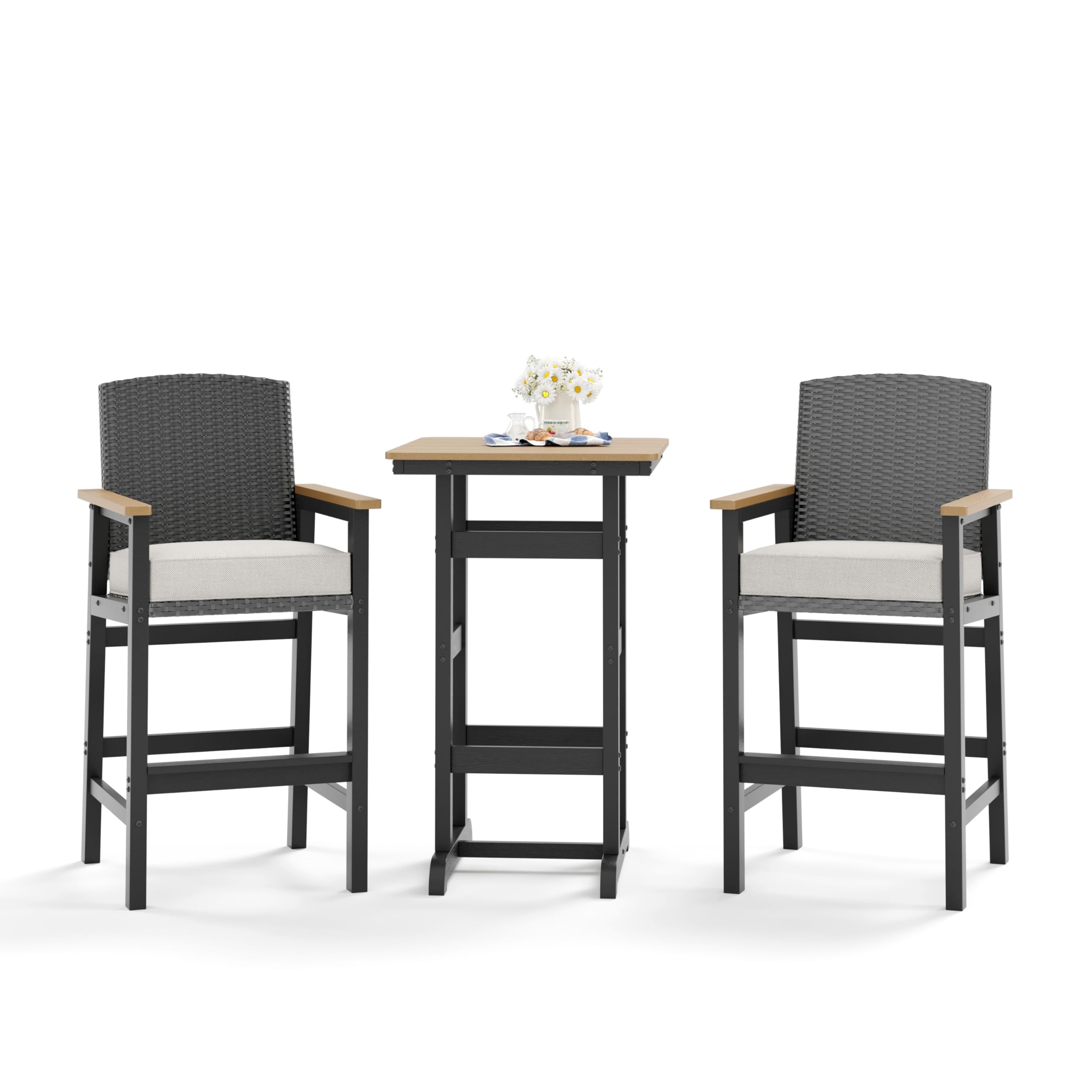3-Piece Outdoor HDPE Bar Set with Wicker Stools