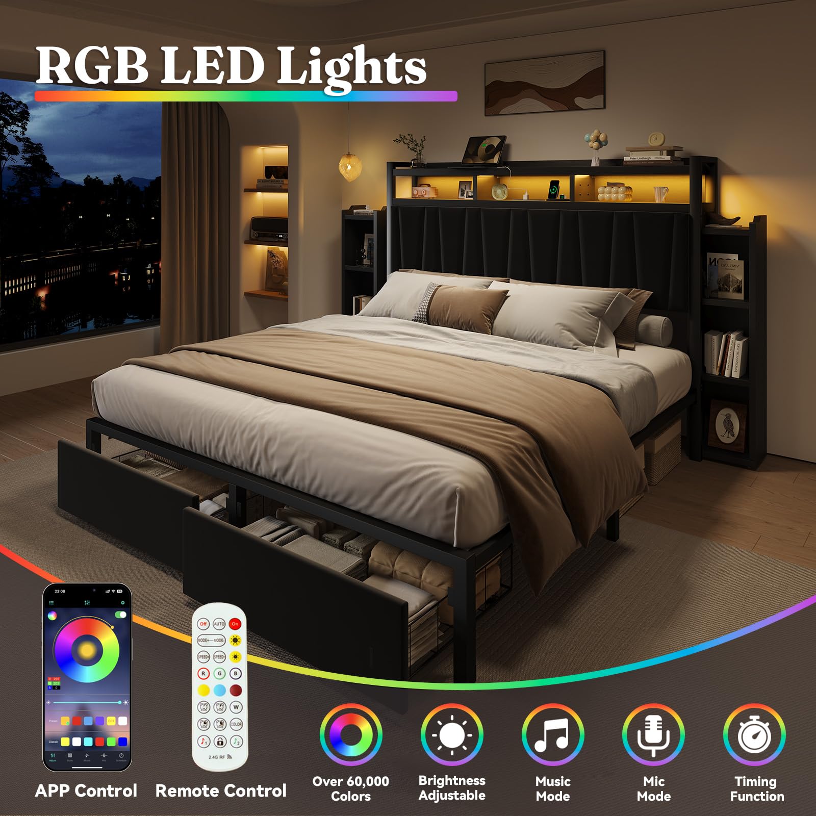 LED Platform Bed Frame with Storage Headboard & Charging Station