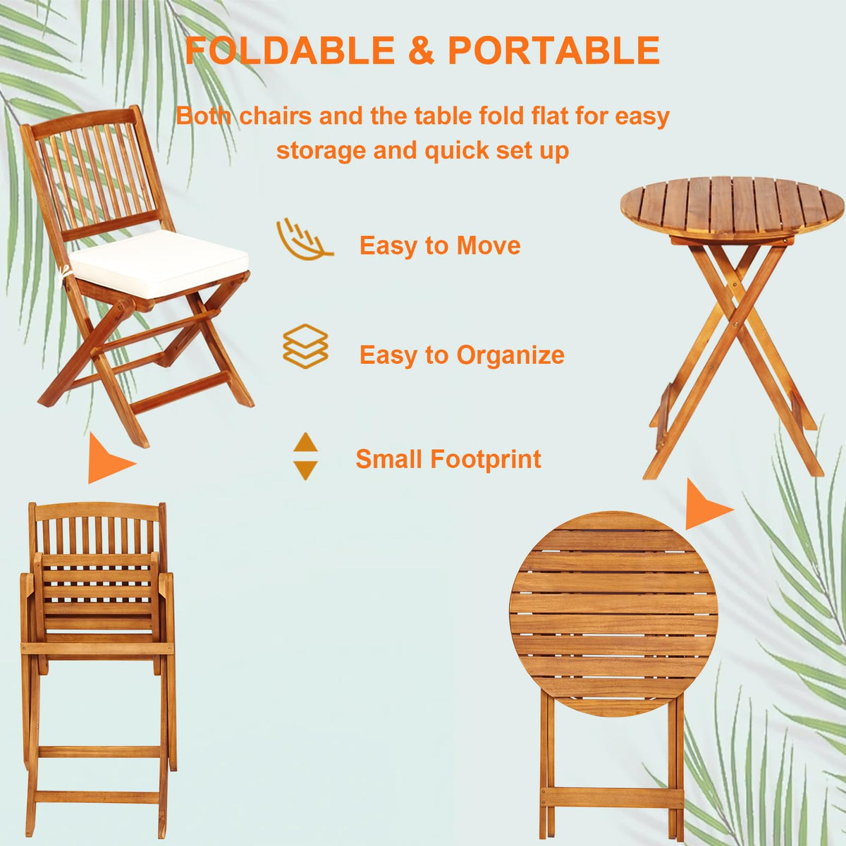 S AFSTAR Bistro Table and Chairs Set of 2, Acacia Wood Folding Bistro Set for 2 with Detachable Soft Cushions, 3PC Outdoor Wood Bistro Set for Patio, Balcony, Garden & Yard (Natural Color)
