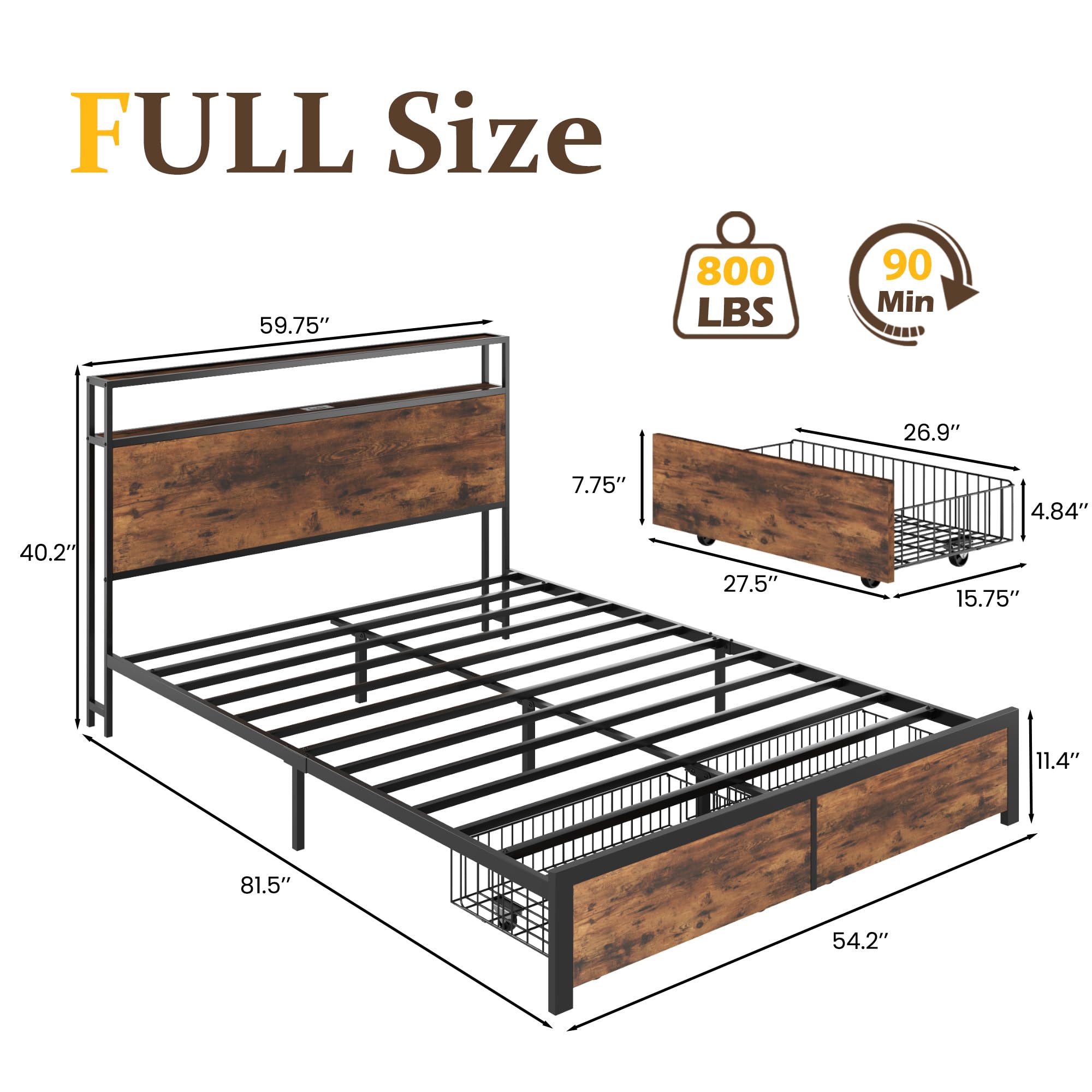 Lifezone Full Bed Frame with 2-Tier Storage Headboard, Metal Bed Frame with Storage Drawers & Built-in Charging Station & LED, Noise-Free, No Box Spring Needed, Easy Assembly, Rustic Brown