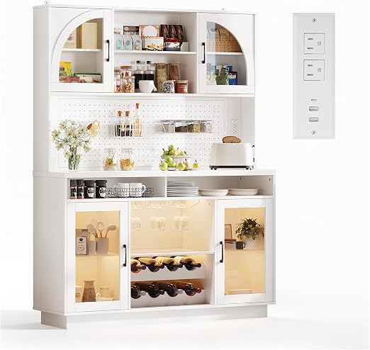 Kitchen Pantry Cabinet with LED Lights & Charging Station