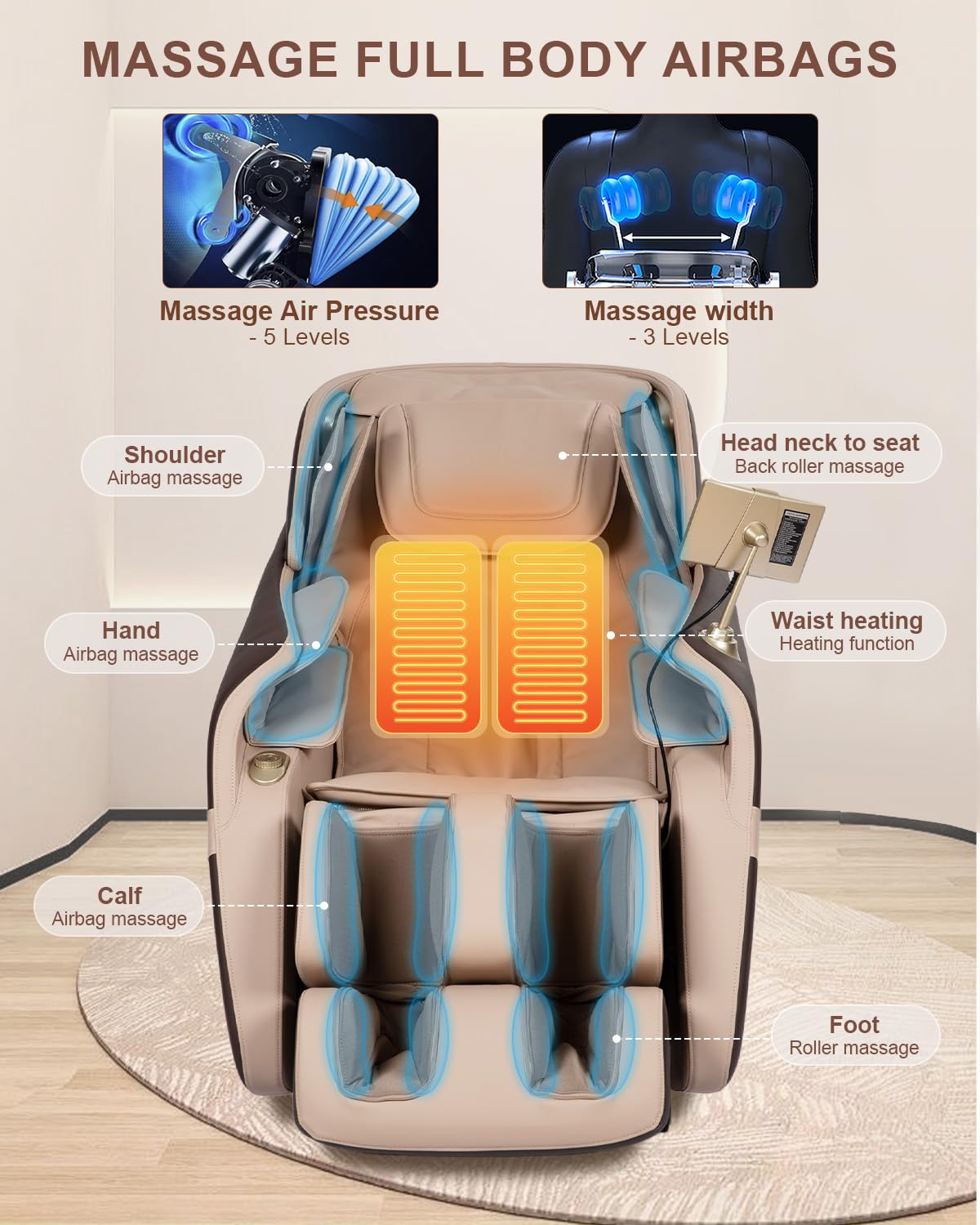 RELX Massage Chair Full Body, Shiatsu, Airbag Massage, SL-Track, Coffee