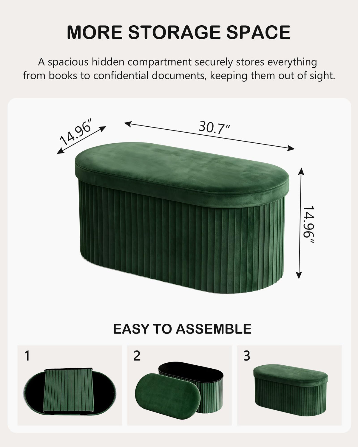 GLAXYFUR Folding Ottoman with Storage, Oval Velvet Storage Bench, Green