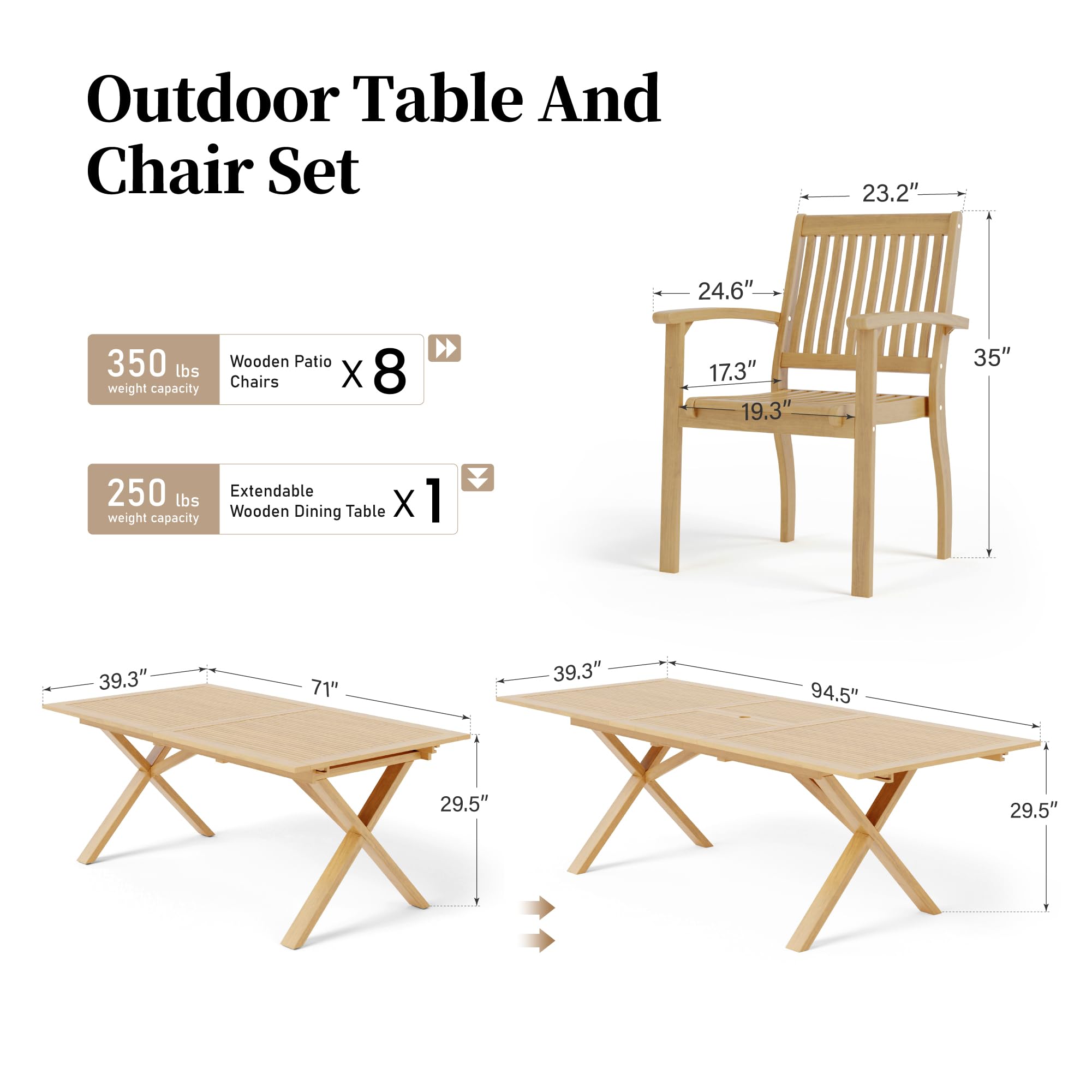 SUNSHINE VALLEY Acacia Wood 9 Piece Patio Dining Sets for 8, Outdoor Dining Set with Expandable Teak Dining Table(1.97" Umbrella Hole) & Wooden Chairs, Patio Table and Chairs for Backyard,Deck