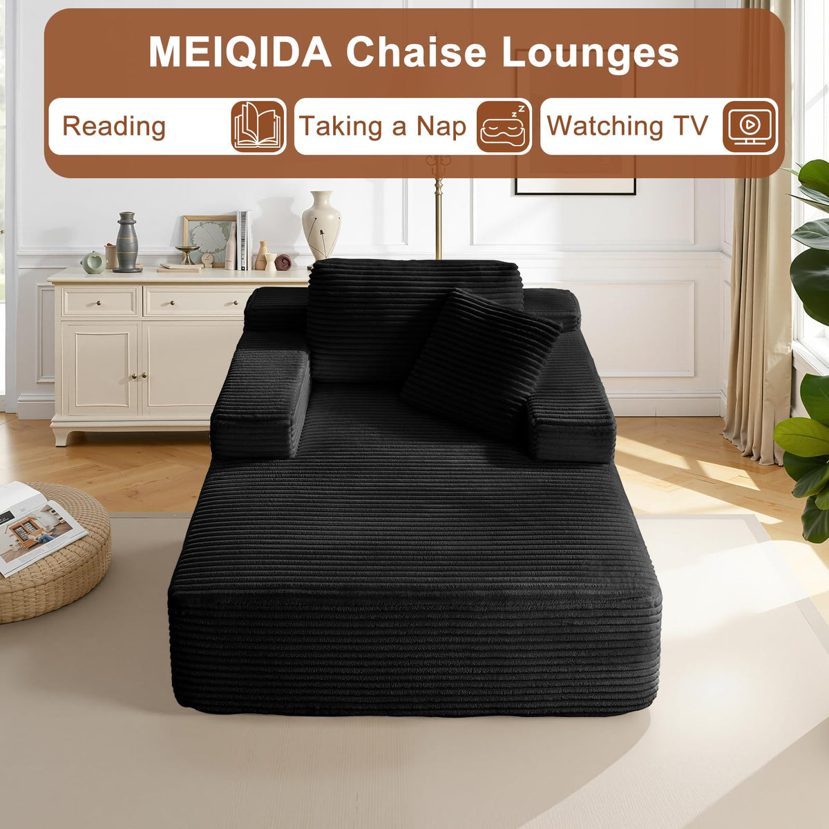 Meqiodas 65 Inch Oversized Indoor Chaise Lounge,Black