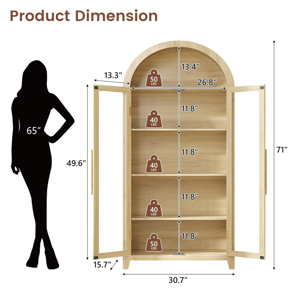 Vlsrka 71" Arched Storage Cabinet with Glass Doors and LED Lights, Wood