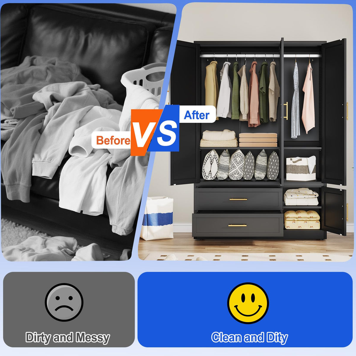 GAIOUS Metal Armoire Wardrobe Closet, Freestanding Clothing Storage Cabinet