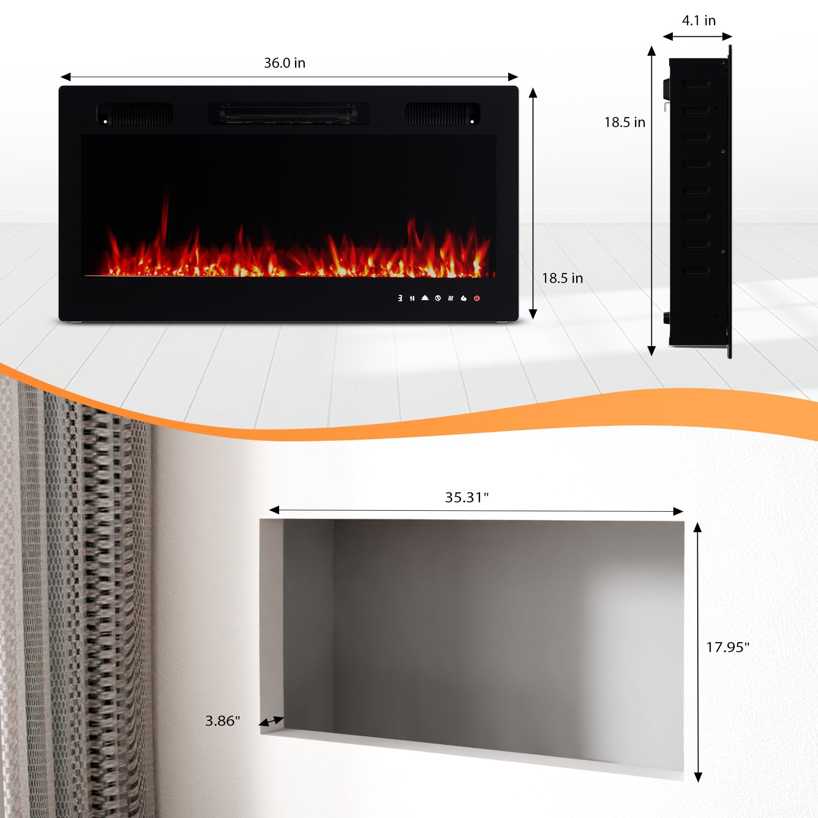 ROVSUN 36'' Electric Fireplace, 2-in-1 Ultra-Thin Wall Mounted & Recessed Fireplace with Remote & APP Control, 1500W Wall Heater w/ 12 Flame Color, 5 Brightness, Timer, Crystal Set