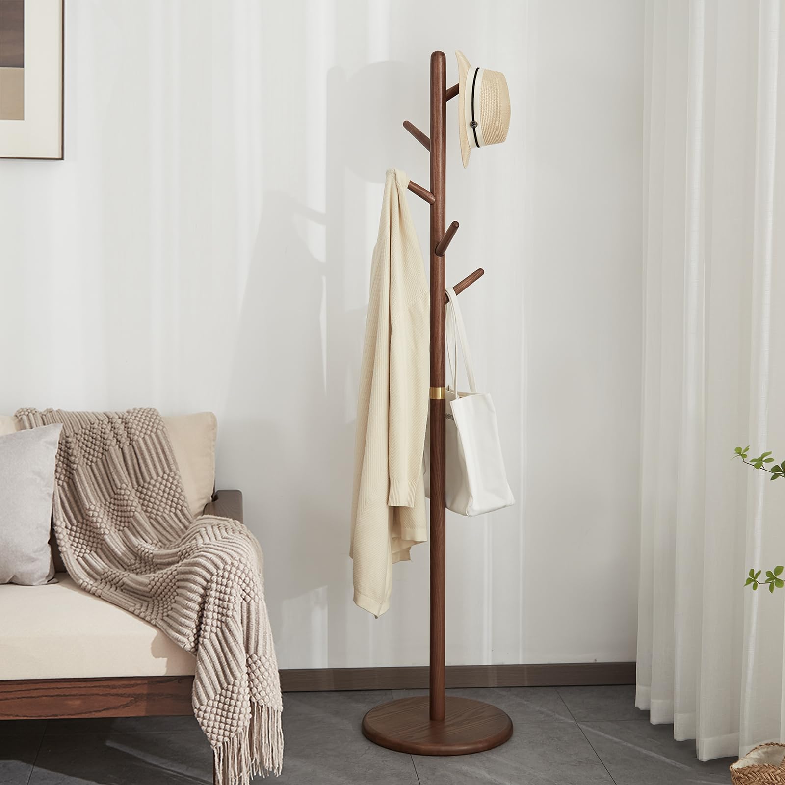 Wooden Freestanding Coat Rack with 6 Hooks