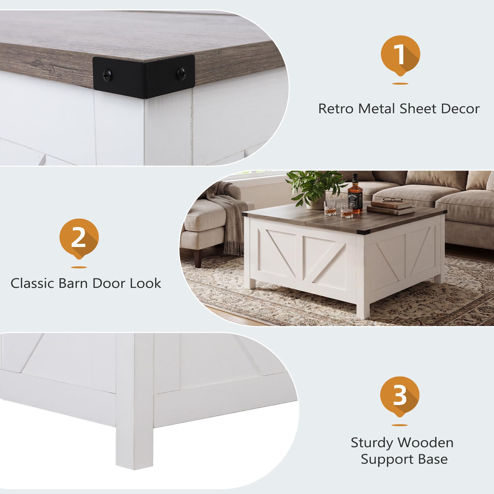 QUYZE 35” Farmhouse Coffee Table with Large Storage, Rustic Wood Lift Top Coffee Table for Living Room, Square Center Table with Charging Station&USB, Modern Port Pottery Barn Lift top Table