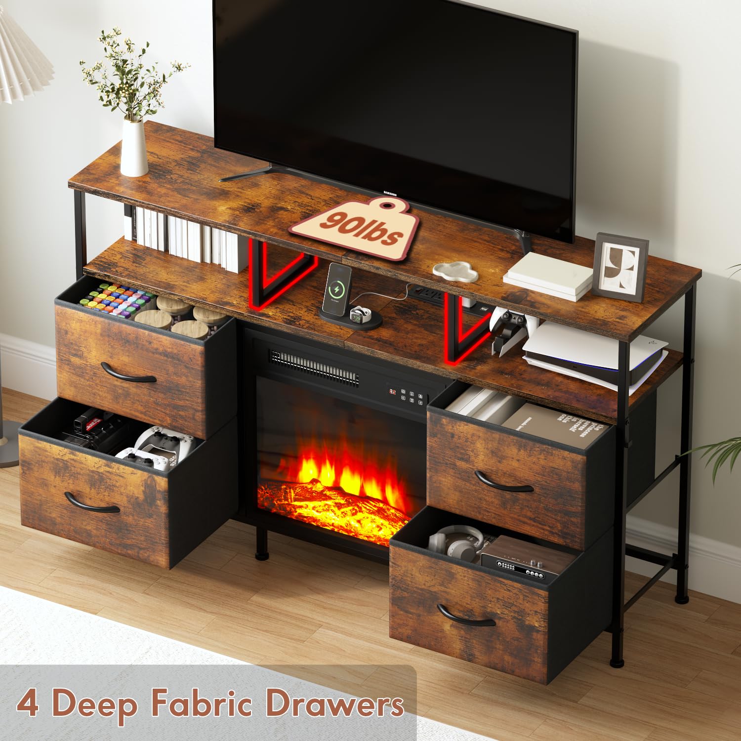Fireplace TV Stand with Drawers & LED Lights