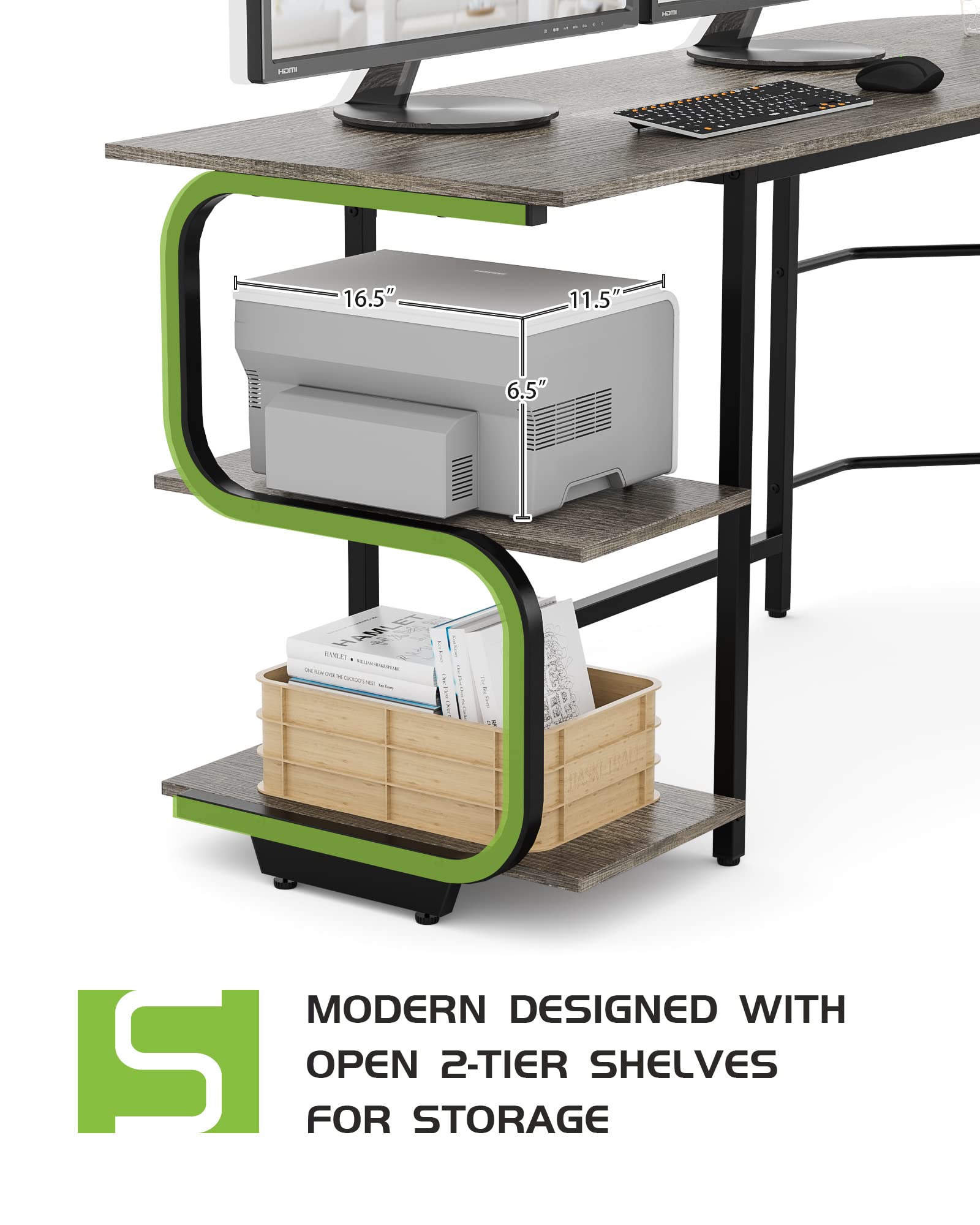 L-Shaped Desk with Storage Shelves & Monitor Stand Hole