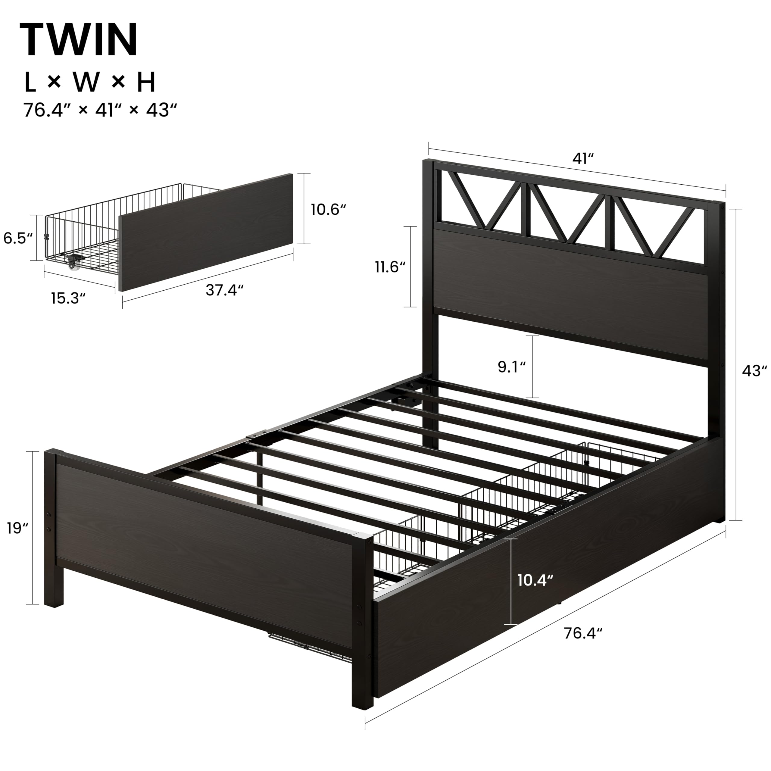 Twin Bed Frame with Storage Drawers, RGB Lighting & Charging Station