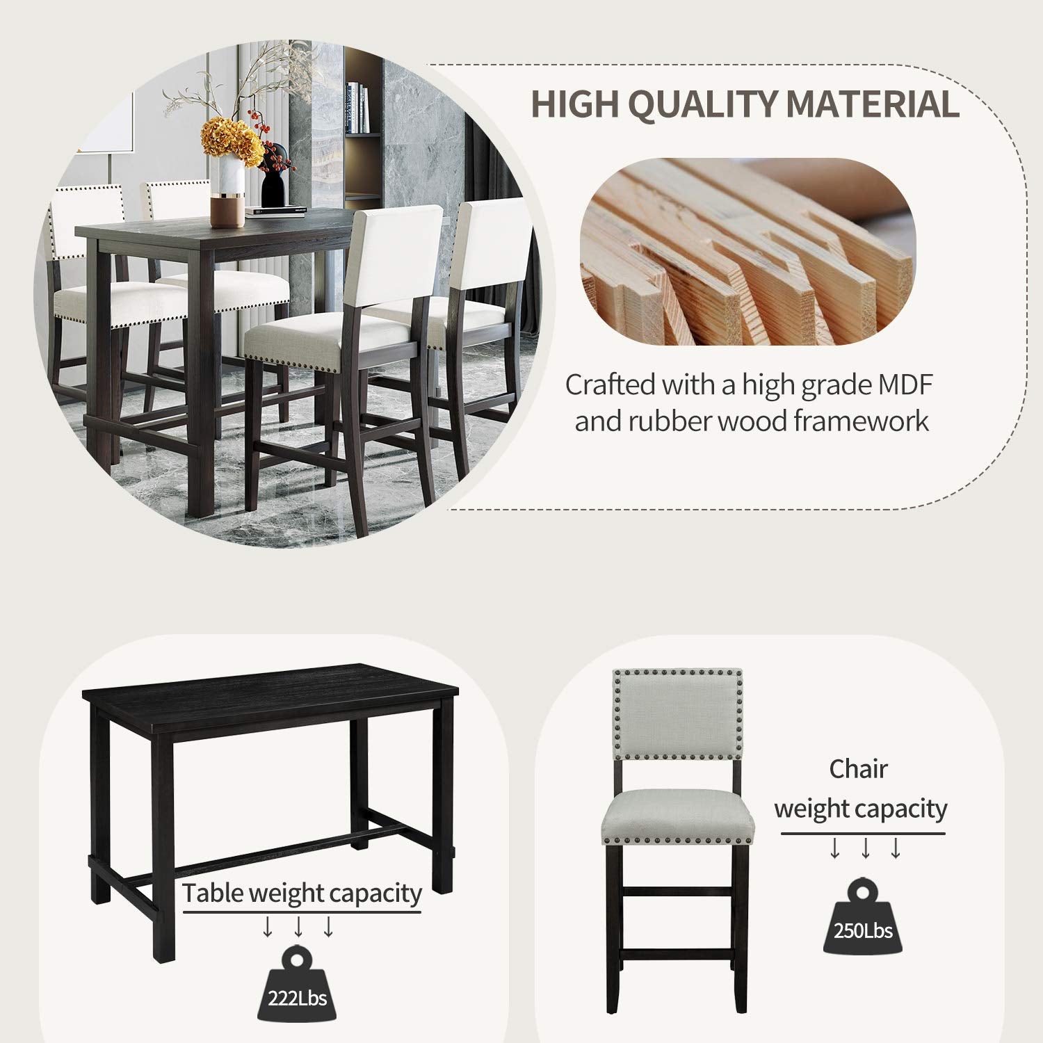 5-Piece Counter Height Dining Set with Faux Marble Table & Upholstered Chairs