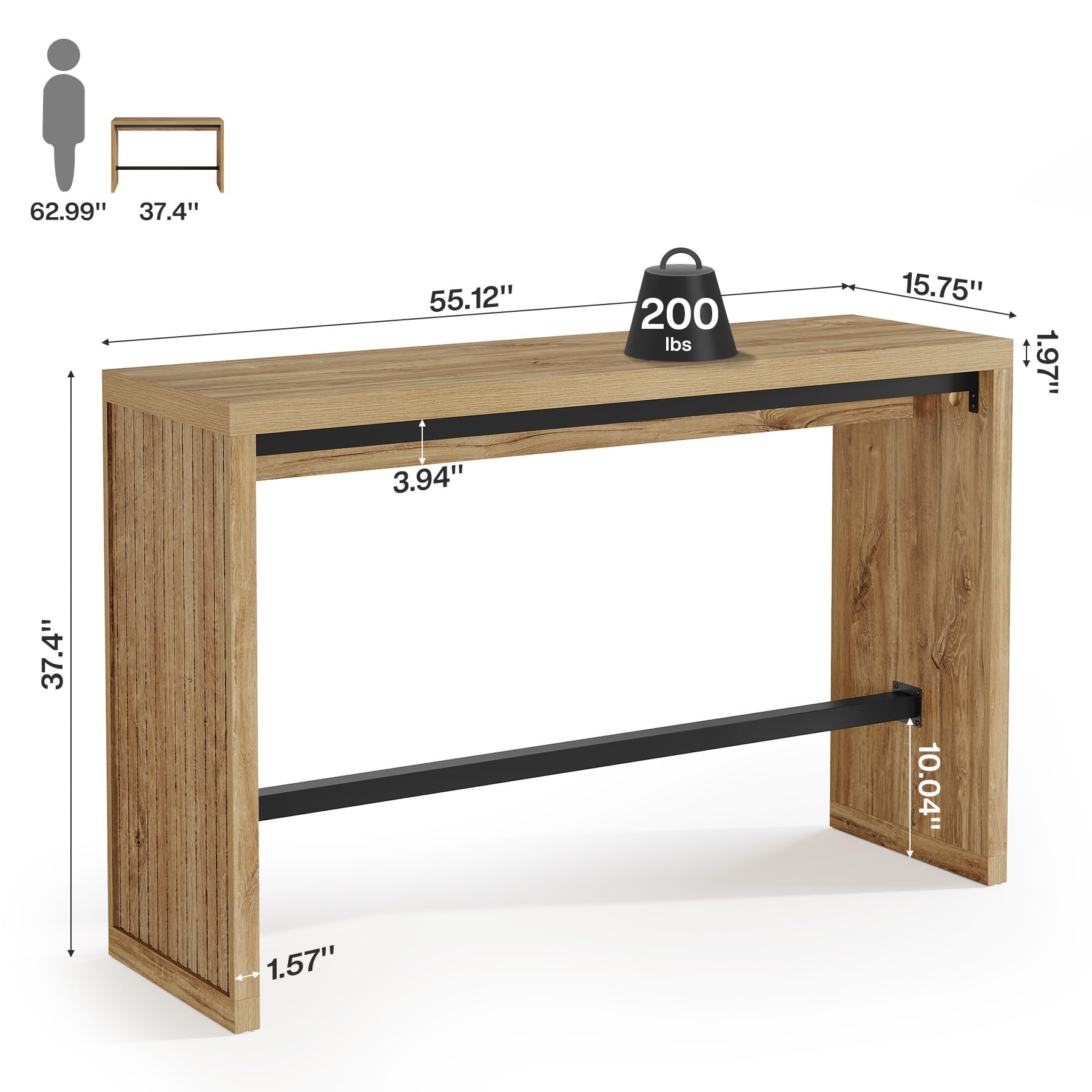 Tribesigns Bar Table, 55-Inch Counter Height Pub Table with Metal Footrest, Rectangular High Top Counter Dining Furniture for Home Bar, Kitchen, Dining Room, Bistro, Living Room, Rustic Brown
