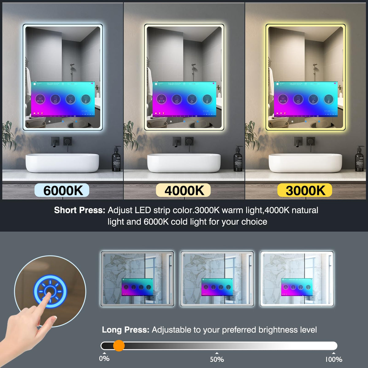 YOURYOKE 32×24 Inch Smart Vanity Bathroom Mirror with 15.6" Waterproof Touchscreen TV, Android OS, WiFi/Bluetooth/HDMI, Anti-Fog, 3-Color LED Lights for Bathroom,Bedroom,Hotel&Spa Wall Mounted