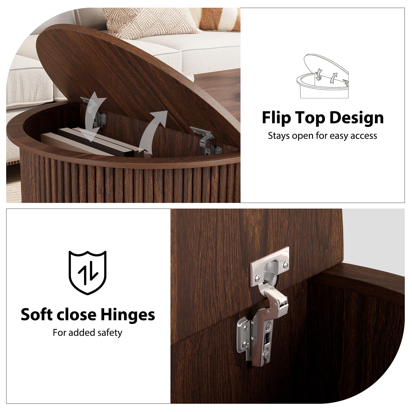 Oval Fluted Coffee Table with Flip-Top Storage