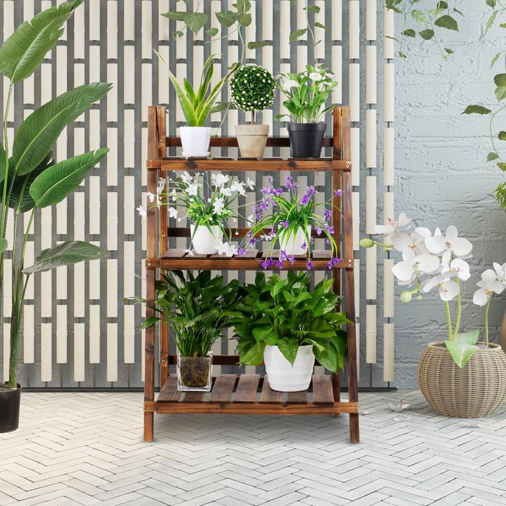 Yaheetech Wooden Plant Stand, 3-Tier Foldable Ladder Shelf, Indoor Outdoor