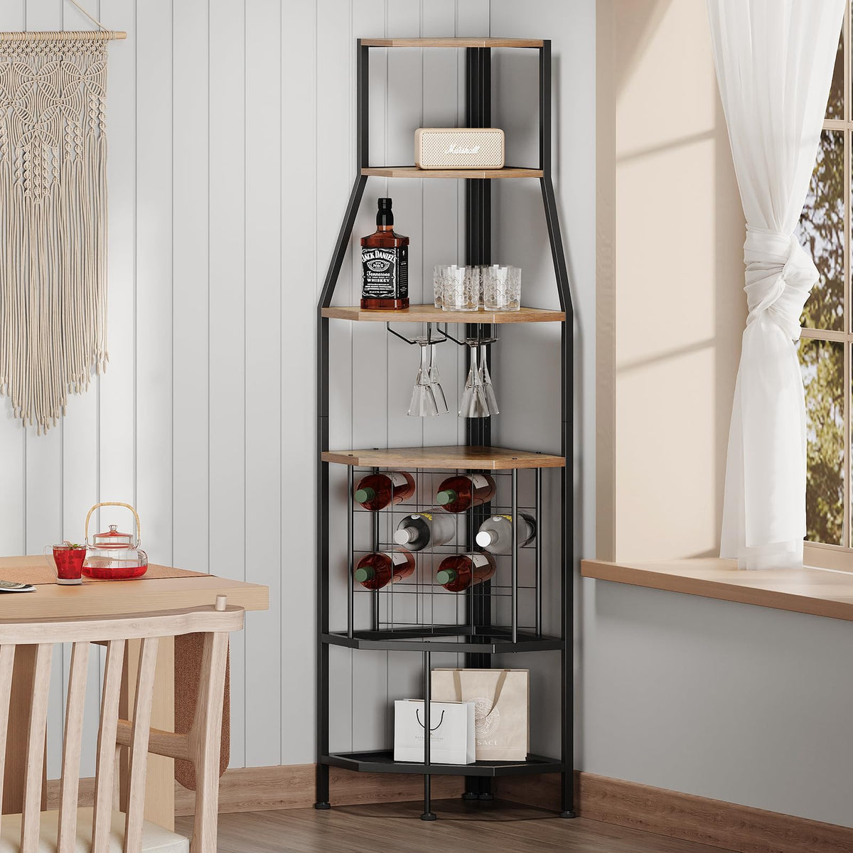 5-Tier Corner Wine Rack with Glass Holder, Floorstanding Wine Storage