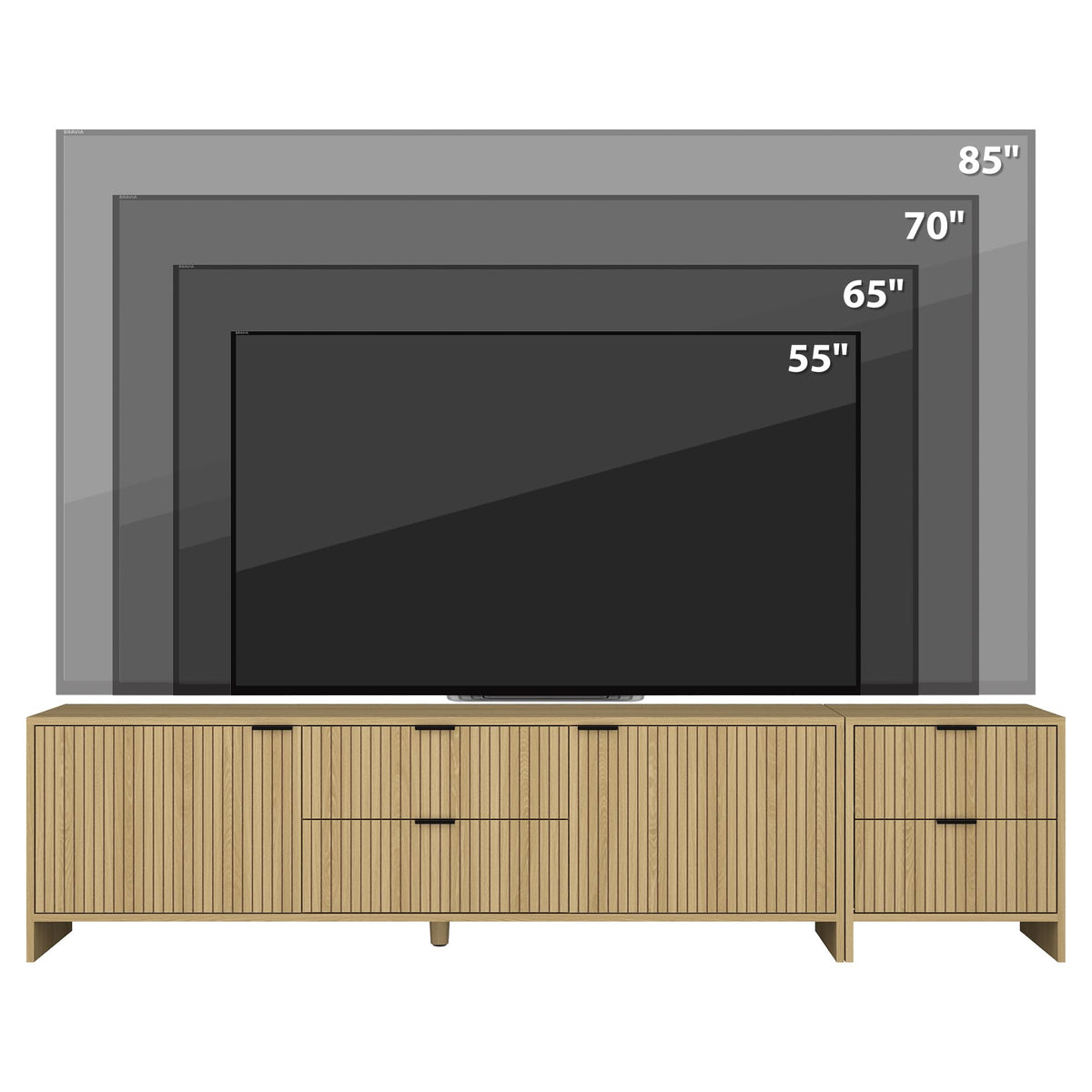 BVIUNTWO Fluted TV Stand for TVs up to 85",Modern TV Console with 4 Drawers,Wood Entertainment Center with Adjustable Shelves & Storage Cabinets for Living Room,Natural Oak