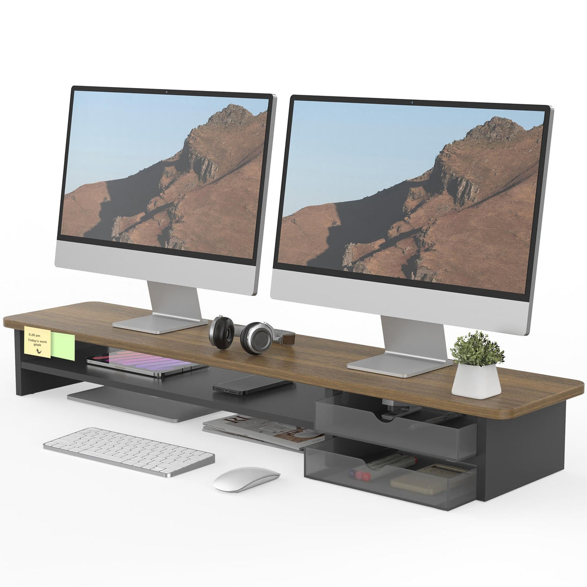 Fenge Monitor Stand, Desk Computer Riser with Frosted Storage Drawer, Brown