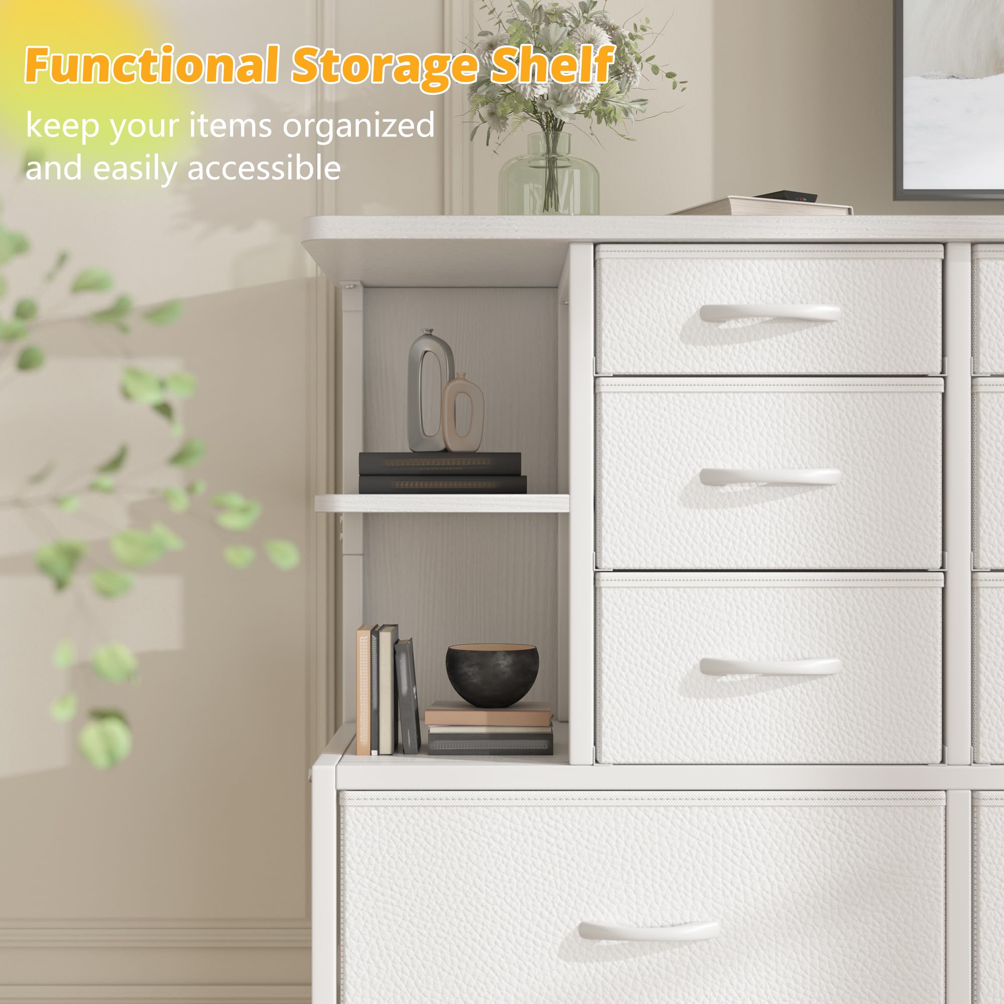 White Dresser for Bedroom with 12 Drawers & LED Lights,4 Open Storage Shelves, Fabric Dressers & Chests of Drawers for Living Room, Entryway, Dorm, Metal Frame, Wood Top,45.2" H x 35.4" W x 11.8" D