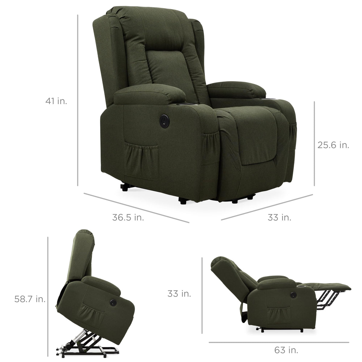 Best Choice Products Modern Linen Electric Power Lift Chair, Recliner Massage Chair, Adjustable Furniture for Back, Legs w/ 3 Positions, USB Port, Heat, Cupholders, Easy-to-Reach Button - Olive