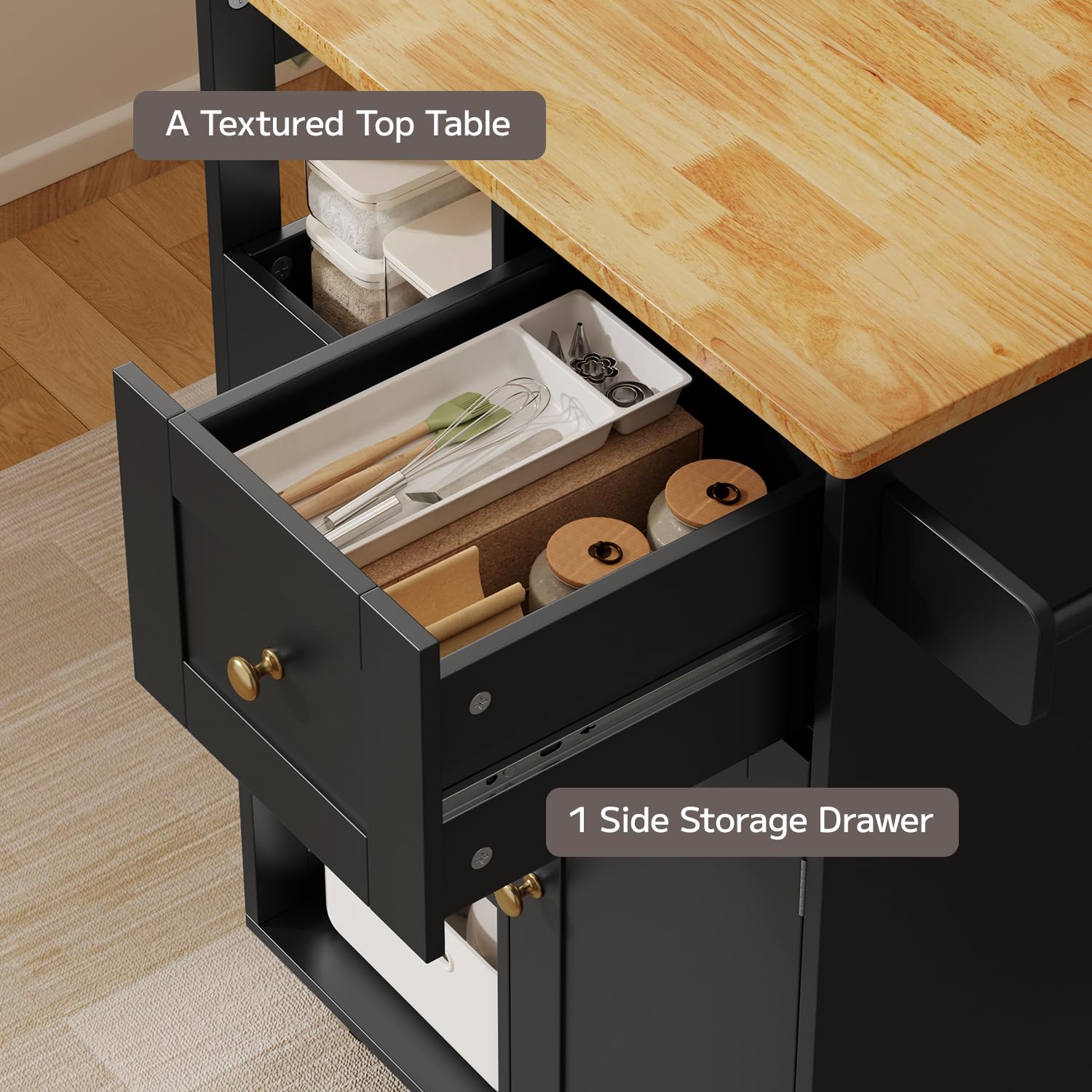 Gizoon Kitchen Island Cart on Wheels, with Thickened Wooden Countertop, Rolling Serving Utility Cart with Drawers and Doors, Bar Cart with Adjustable Shelf and Removable Tray for Dining Room, Black