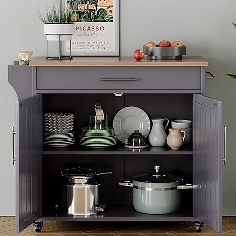 Rolling Kitchen Island with Storage & Wood Top