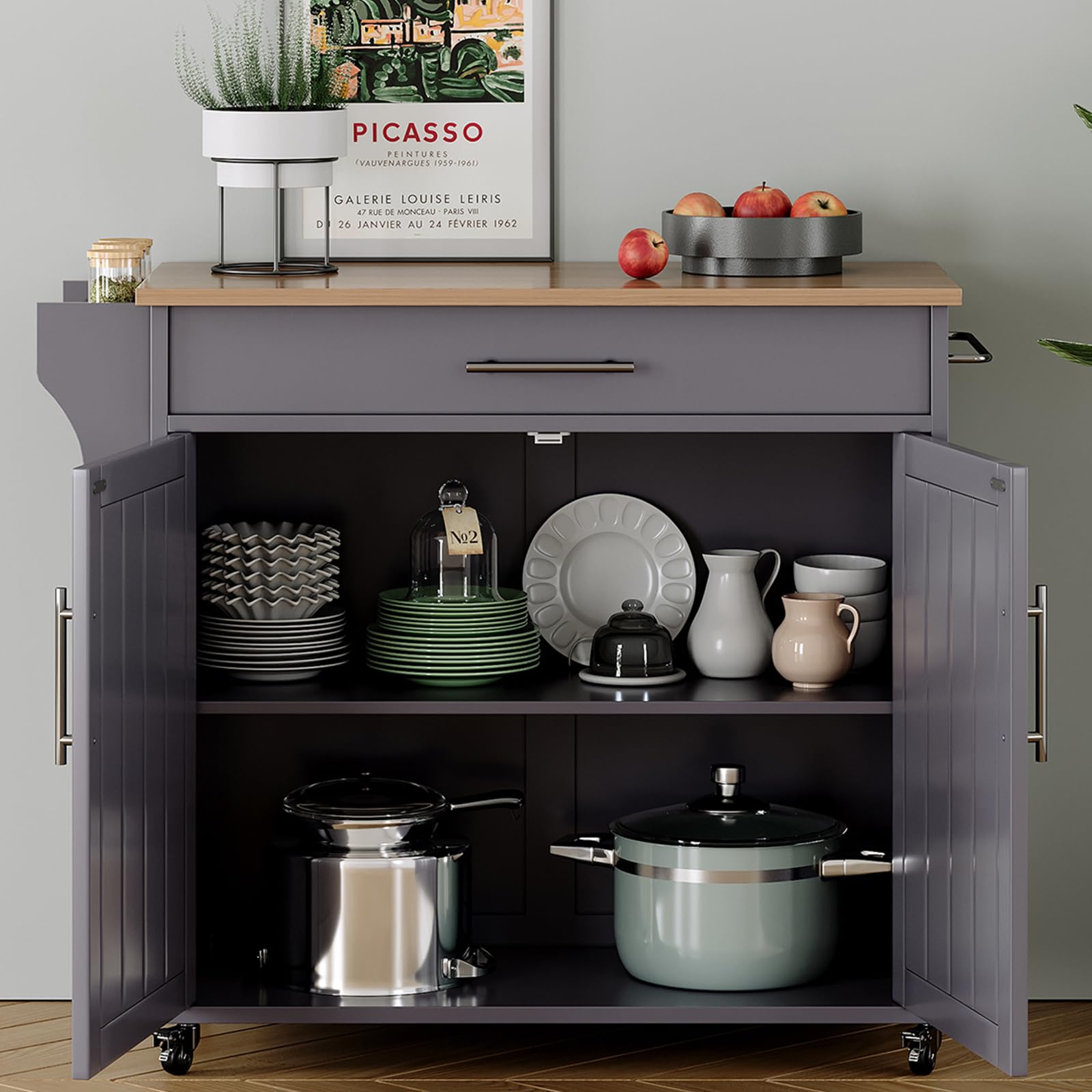 Soscana Wood Kitchen Island with Storage, Wooden Rolling Kitchen Island On Wheels with Countertop, Mobile Kitchen Island Cart with Towel Rack, Spice Rack, Adjustable Shelf and Drawers, Grey