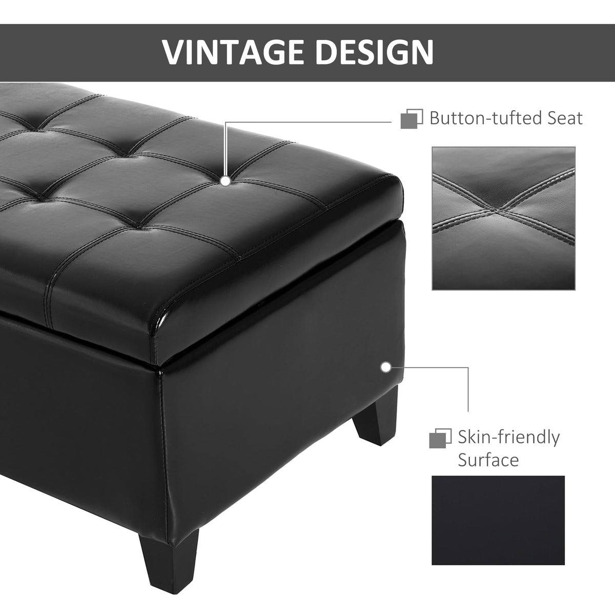 HOMCOM 51" Ottoman Storage Bench, Tufted Bench for End of Bed, Black