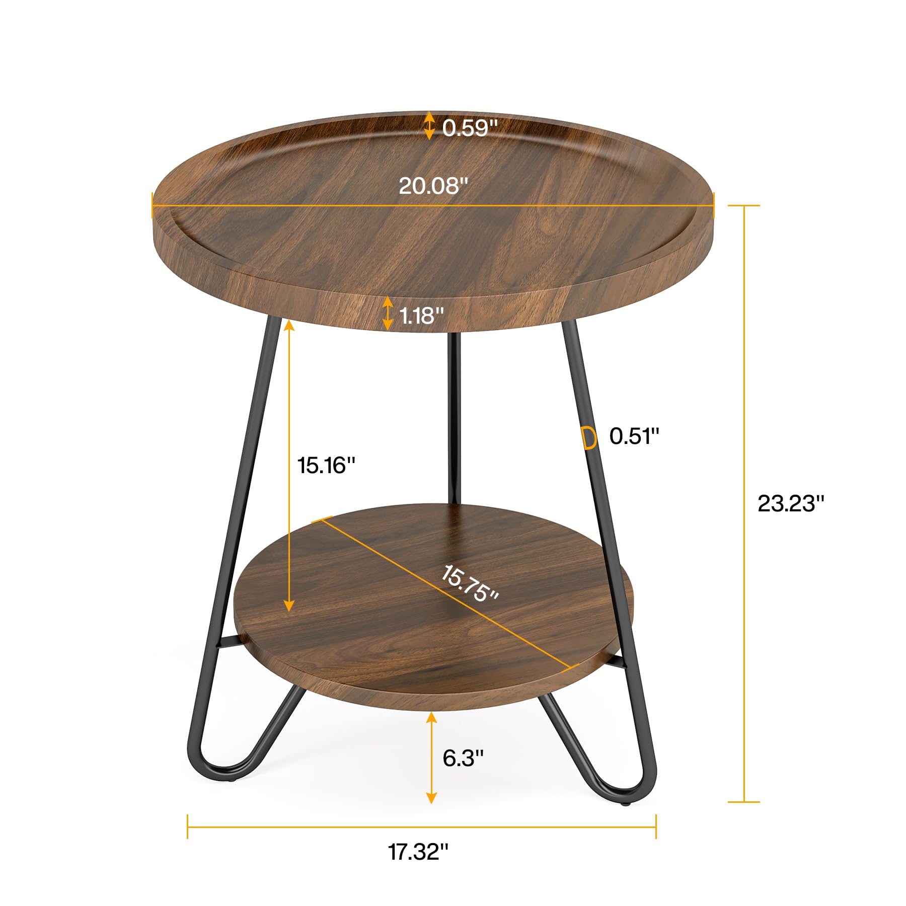 Tribesigns Round Side Table, 2-Tier End Table with Metal Legs, Modern Industrial Beside Table, Small Accent Table Snack Table for Living Room, Bedroom, Small Space, Easy Assembly, Brown