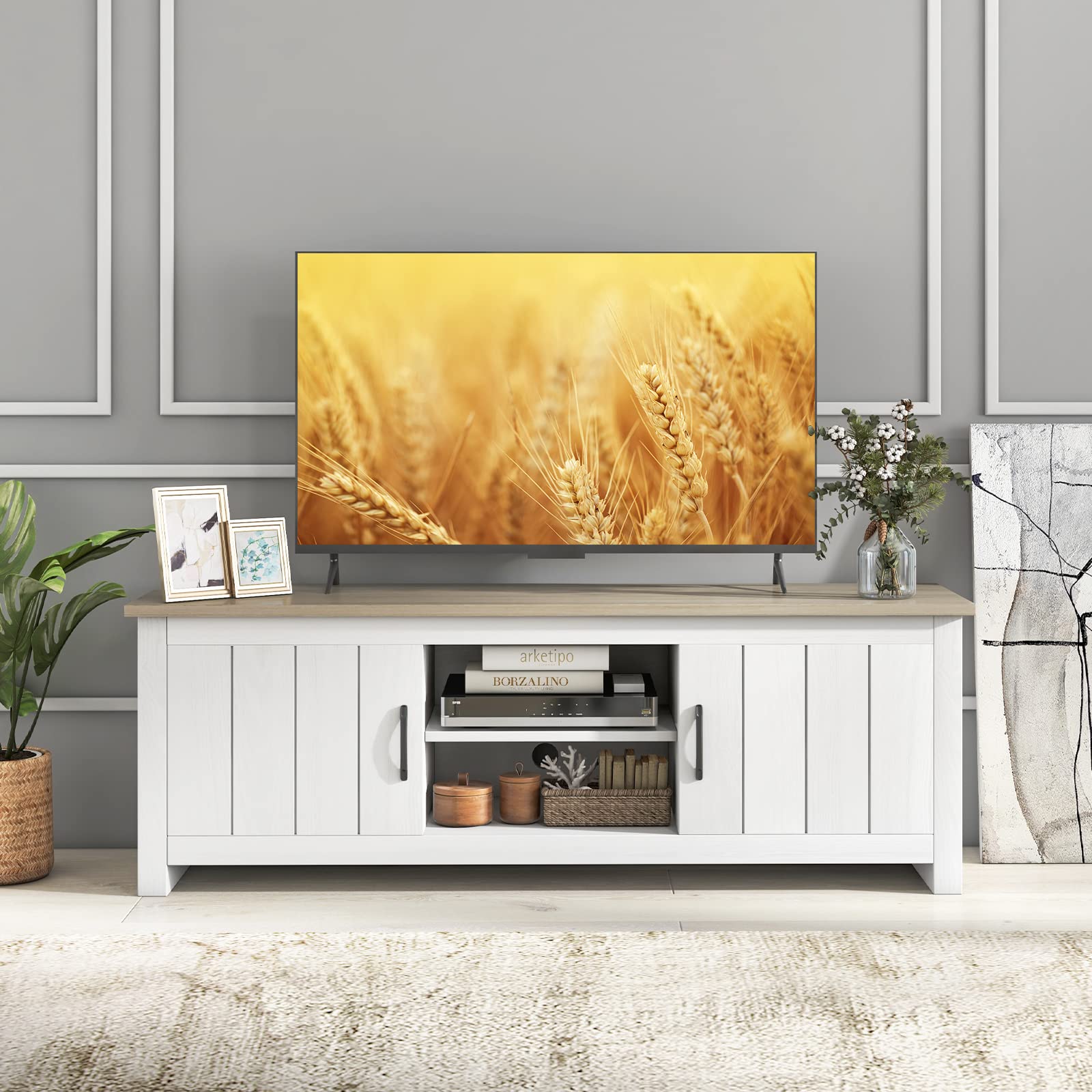 57" TV Stand with Cabinets & Open Shelves