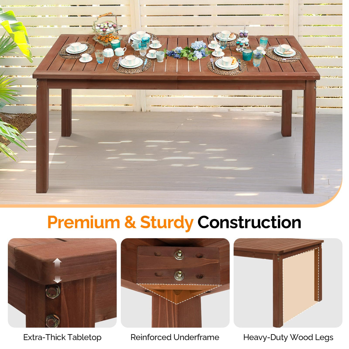 VINGLI 69-inch Large Outdoor Wood Dining Table for Patio, Solid Wood Patio Table Waterproof Wooden Table for Garden, Backyard, Deck - Durable Yard Furniture