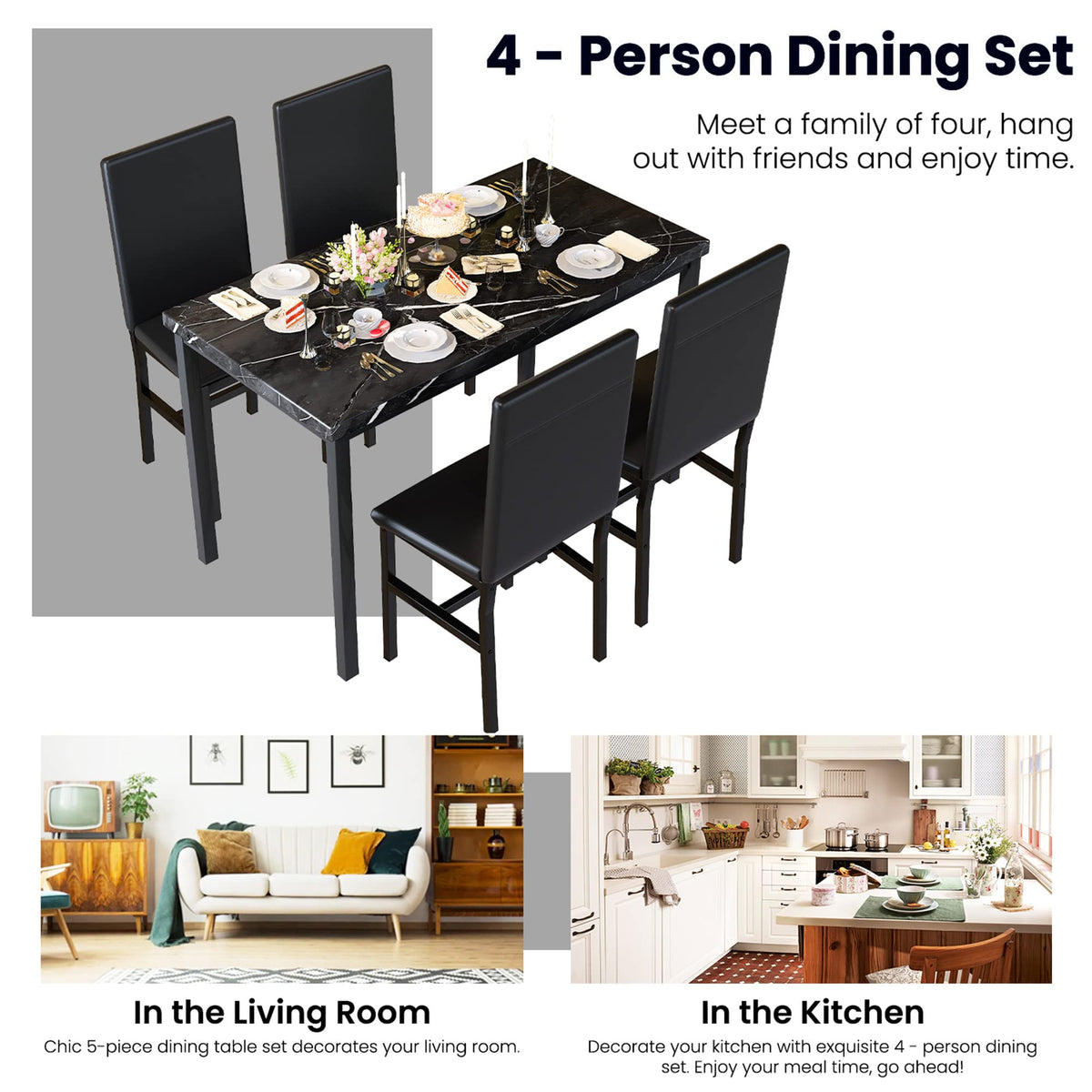 Recaceik Dining Table Set for 4, Kitchen Table and Chairs Set with Faux Marble Tabletop & 4 Leather Upholstered Chairs for Kitchen Dining Room, Breakfast Nook, Compact Space, Dinette Set