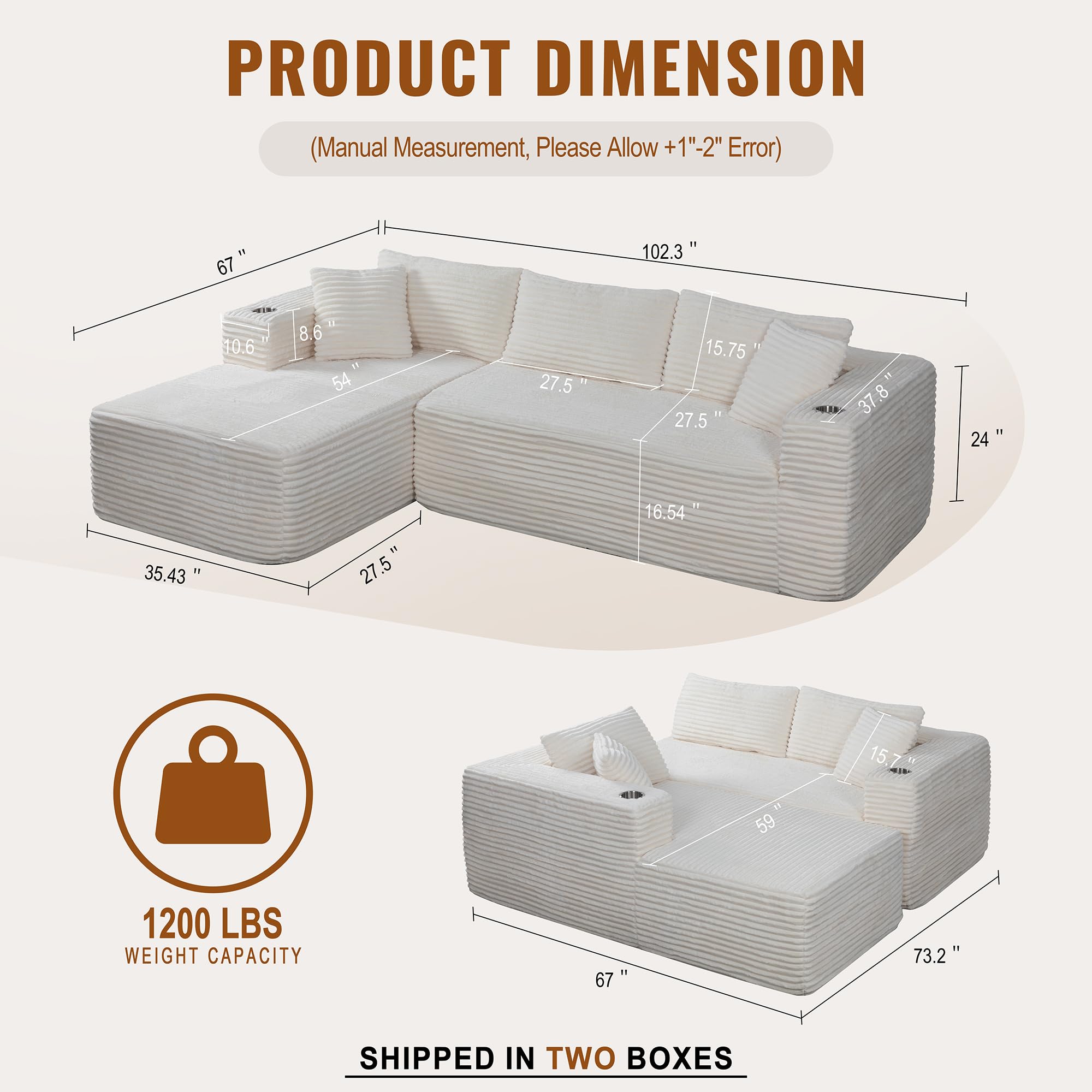 Modular L-Shaped Sectional Sofa with Chaise & Cup Holders