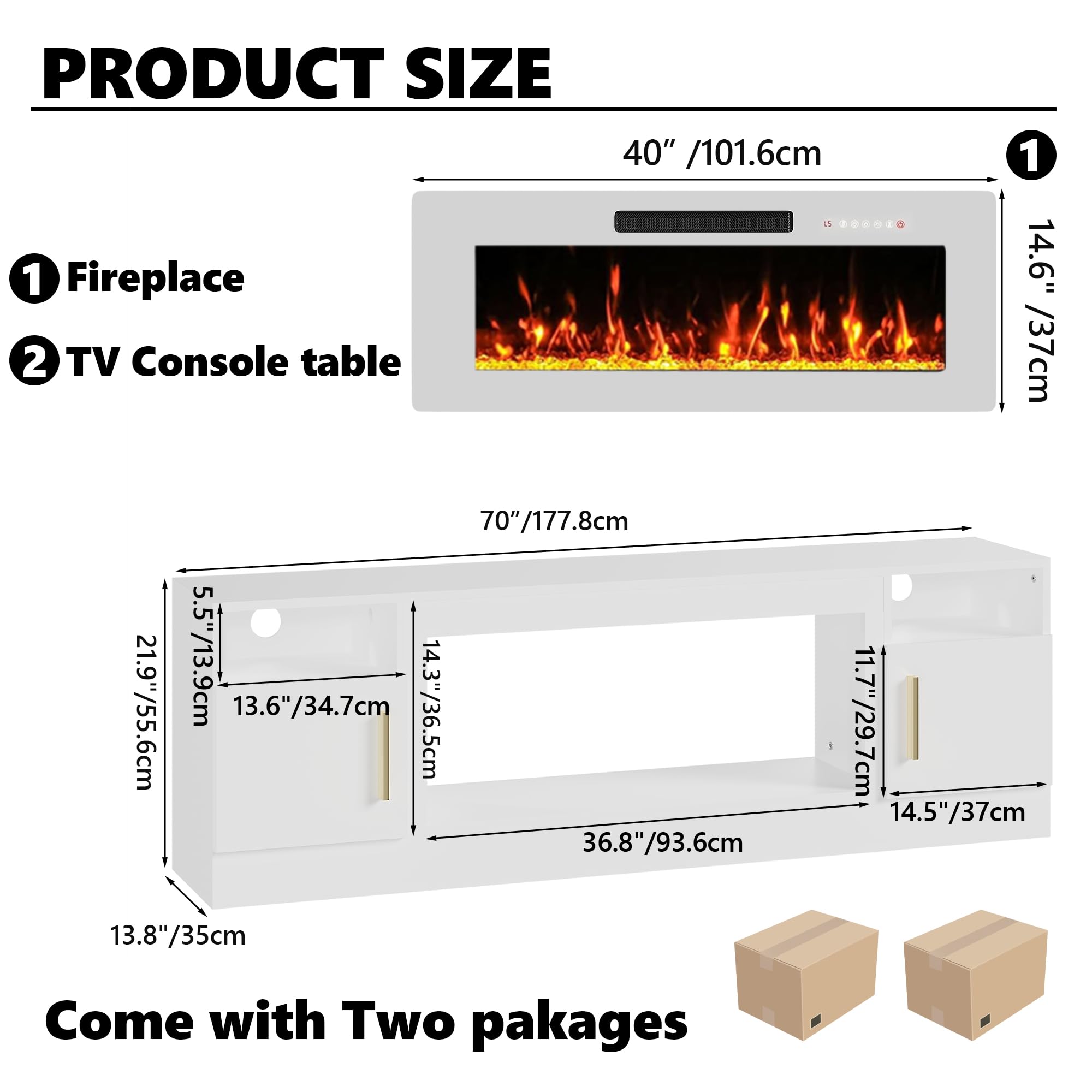 KENAINALU Fireplace TV Stand with 40’’ Electric Fireplace, 70'' TV Media Entertainment Center with Fireplace Up to 80 inch,Modern LED TV Console with High Gloss Cabinet for Living Room