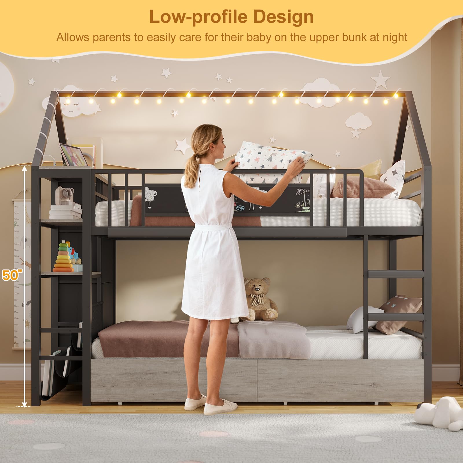House Shaped Twin Over Twin Bunk Bed with Storage & Lights
