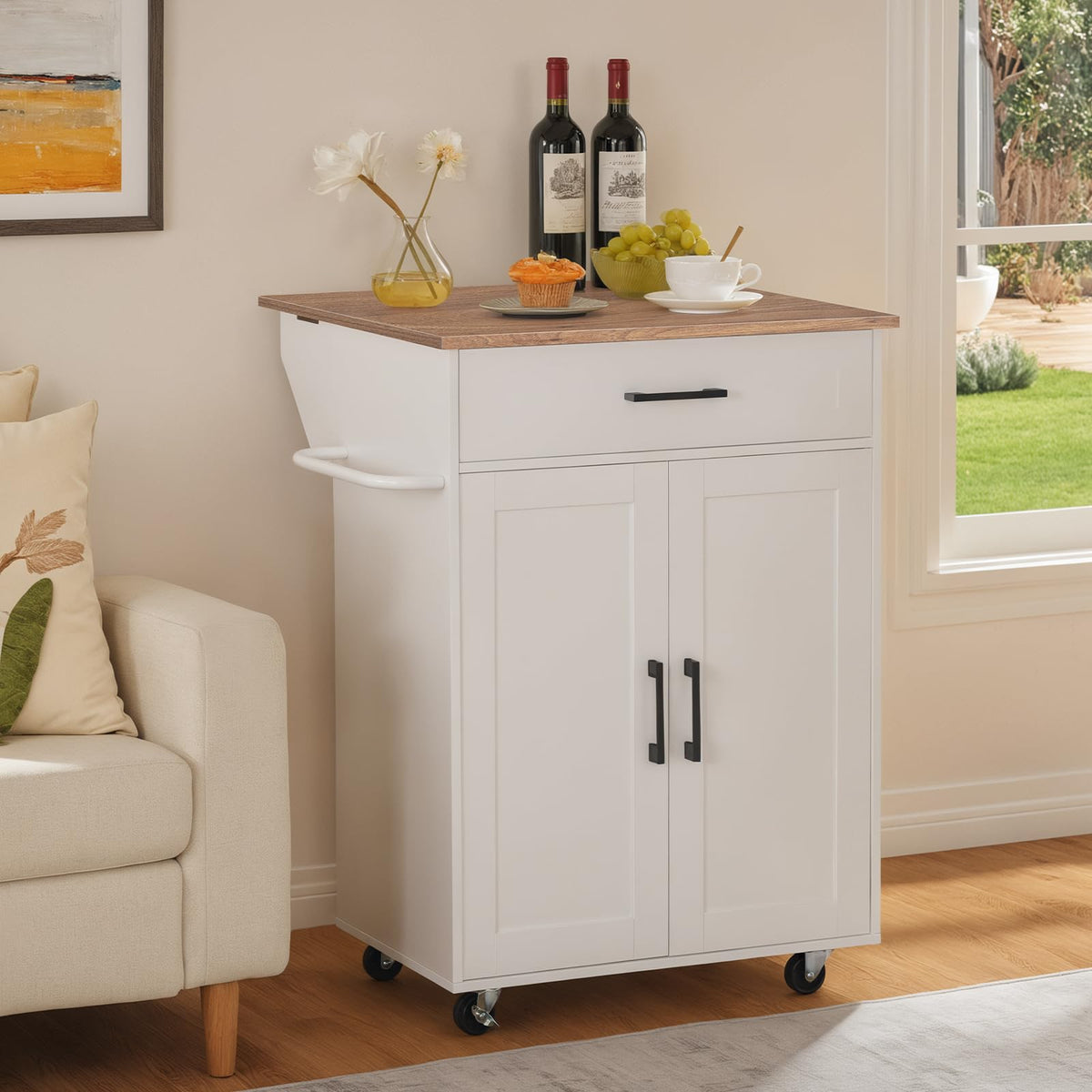 MAHANCRIS Kitchen Island on Wheels with Drop Leaf, Folding Countertop Kitchen Island Cart, Kitchen Island Table with Towel Rack, Drawer, for Kitchen, Dining Room, White and Walnut KIBZ12501
