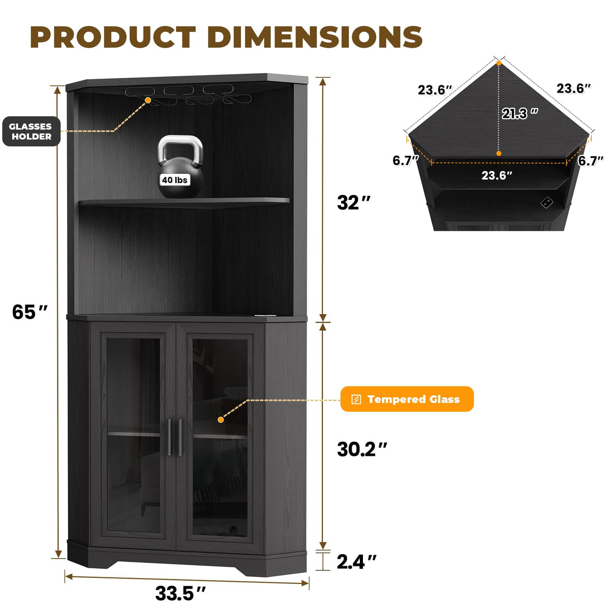 Aauro Home 65" Tall Corner Bar Cabinet with LED Lights & Glass Holder