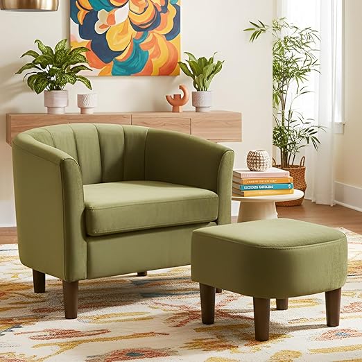 Velvet Barrel Accent Chair with Ottoman