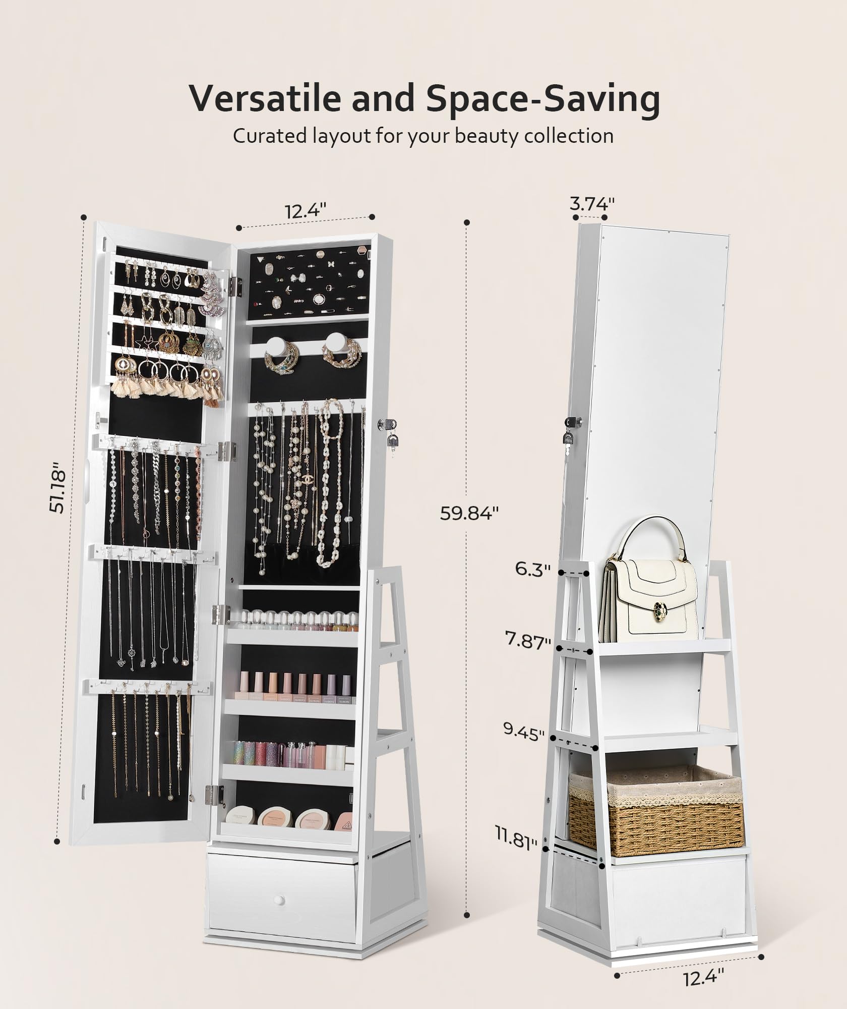 Nicetree 360° Swivel Jewelry Cabinet, Rotatable Full Length Mirror with Jewelry Storage, Standing Jewelry Armoire Organizer, Lockable Jewelry Organizer with 3 Rear Shelves, Bottom Drawer, Pure White