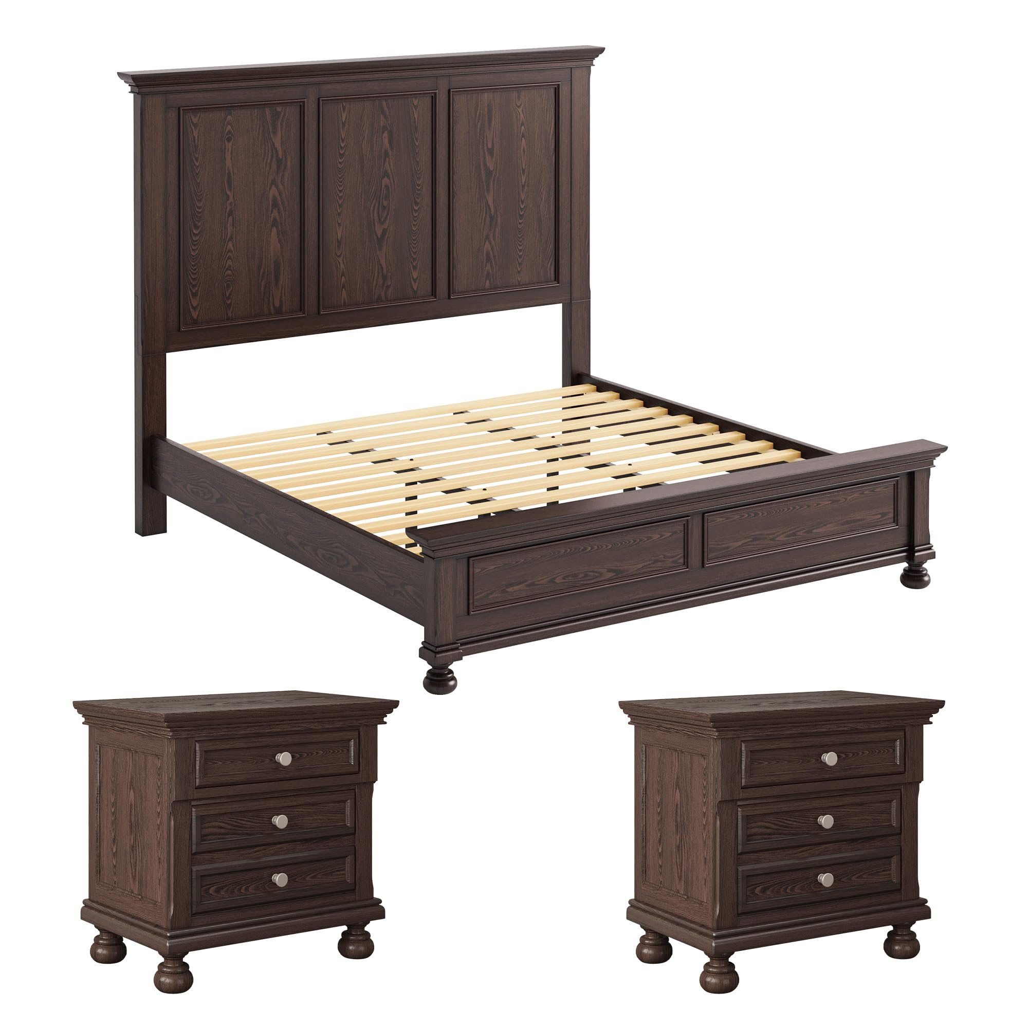 Solid Wood 3-Piece Bedroom Set with High Bed Frame & Nightstands – Dark Brown
