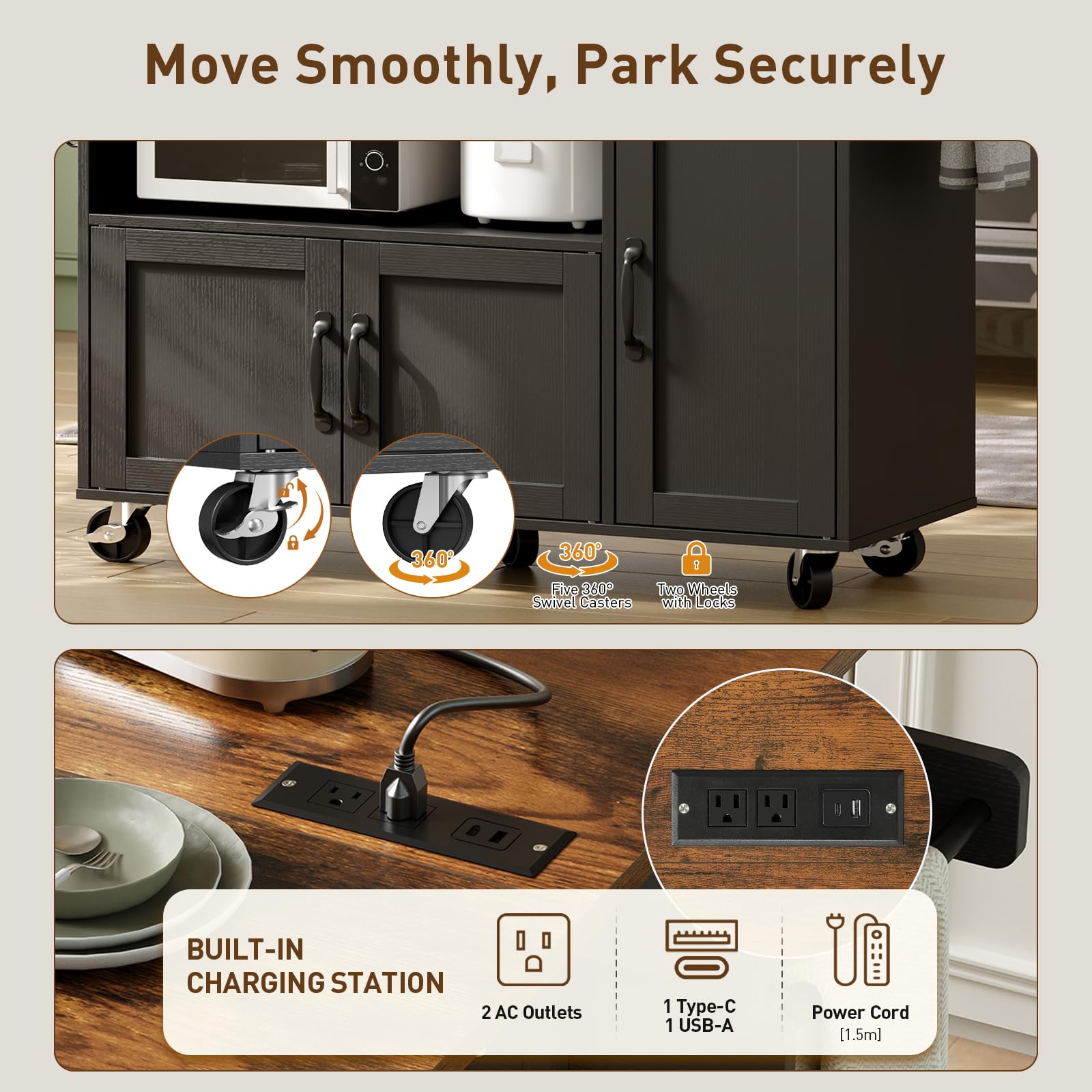RALGEND Rolling Kitchen Island Cart with Drop Leaf & Power Outlet, Mobile Kitchen Island on Wheels, Island Table with Storage Cabinet, Microwave Shelf & Wine Rack for Kitchen, Black & Rustic Brown